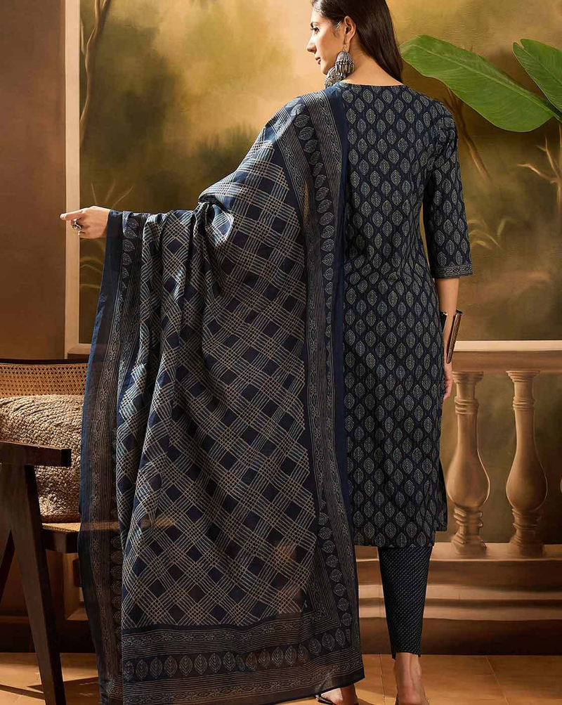 Aromie three piece set featuring Embroidered Georgette Anarkali Kurta in navy blue printed fabric with matching dupatta and pants
