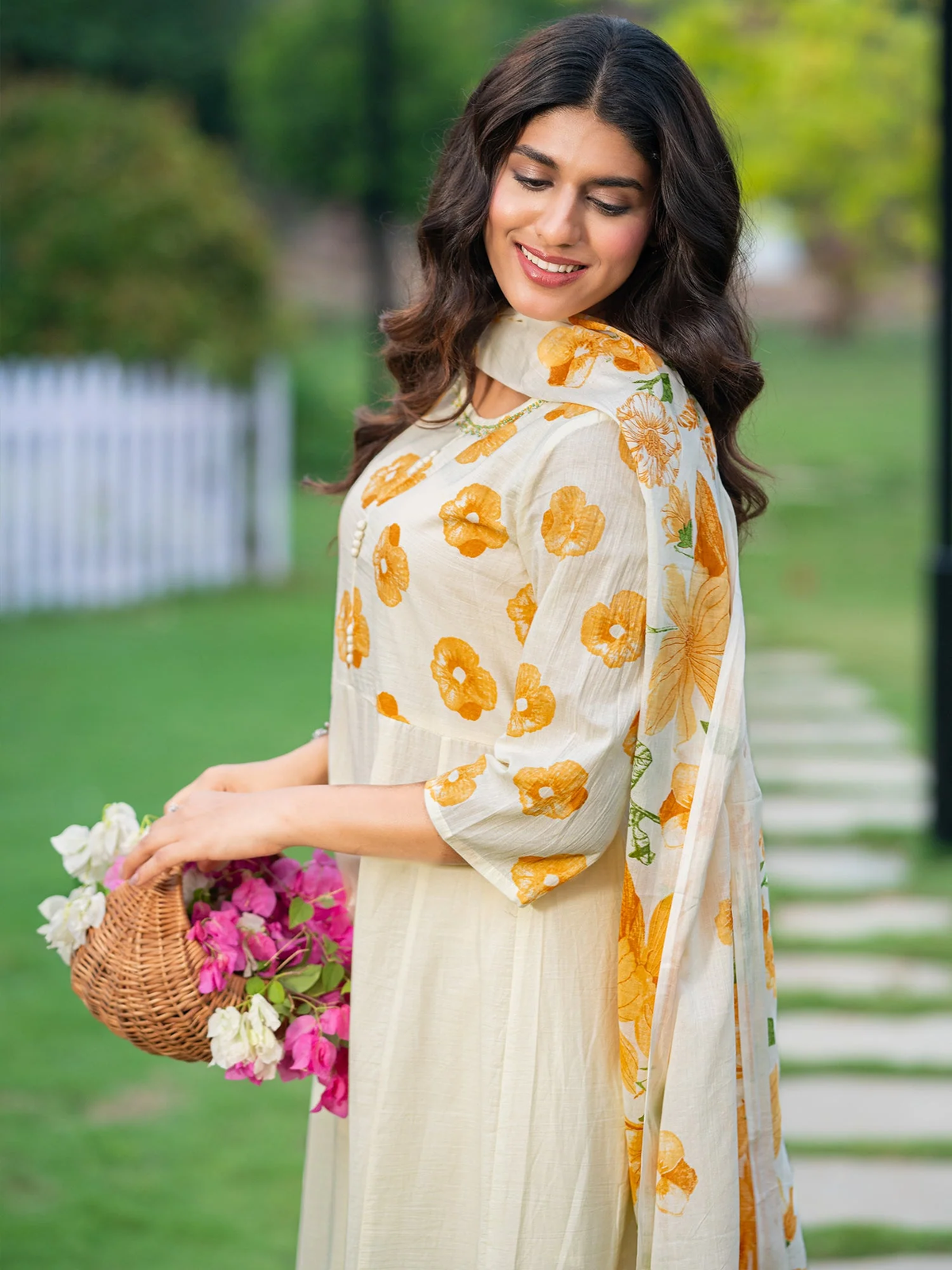 Off White Printed A-Line Kurta Set with Trousers & Dupatta