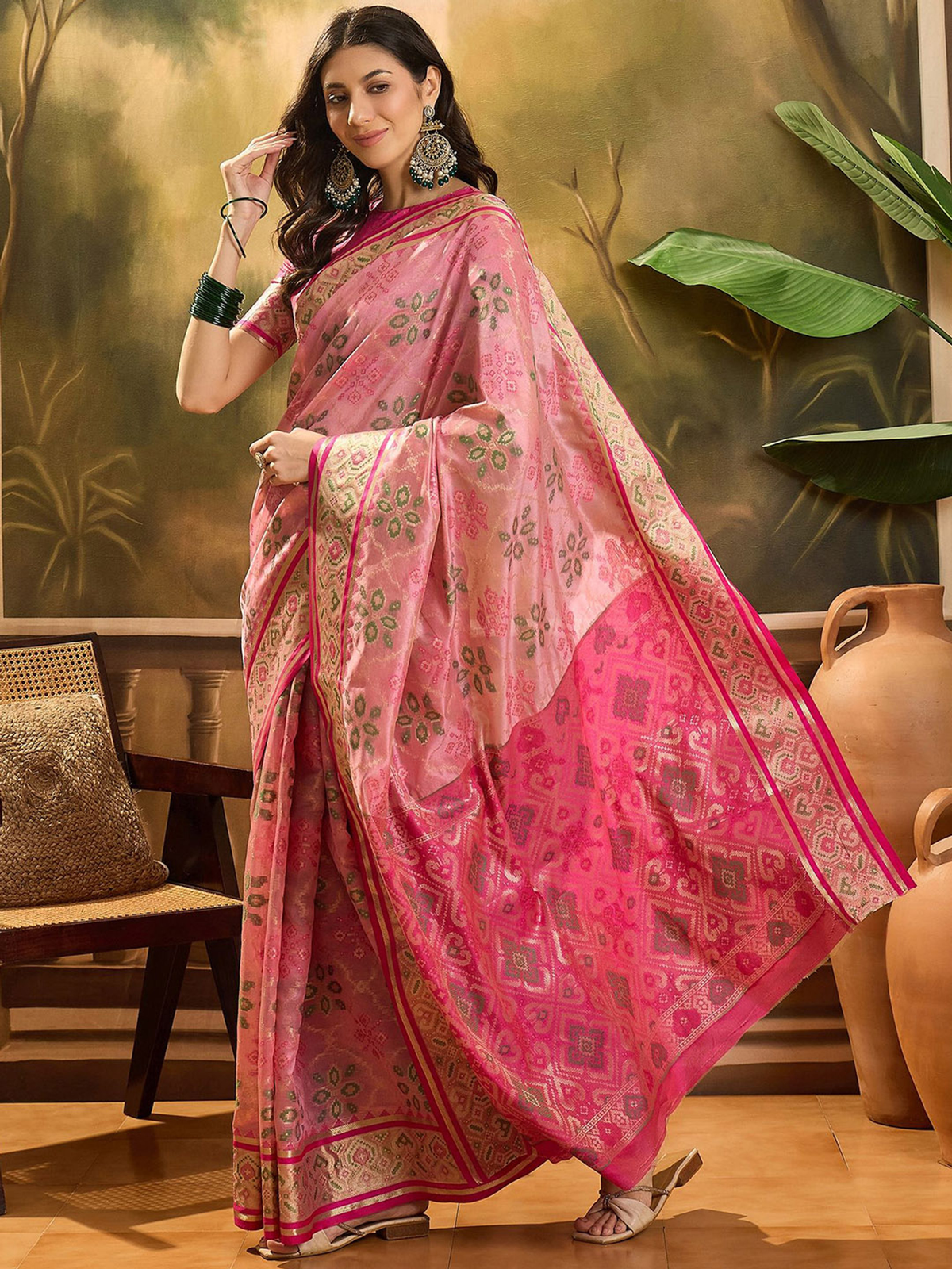 Pink Patola Organza Saree with Woven Design Border & Blouse Piece
