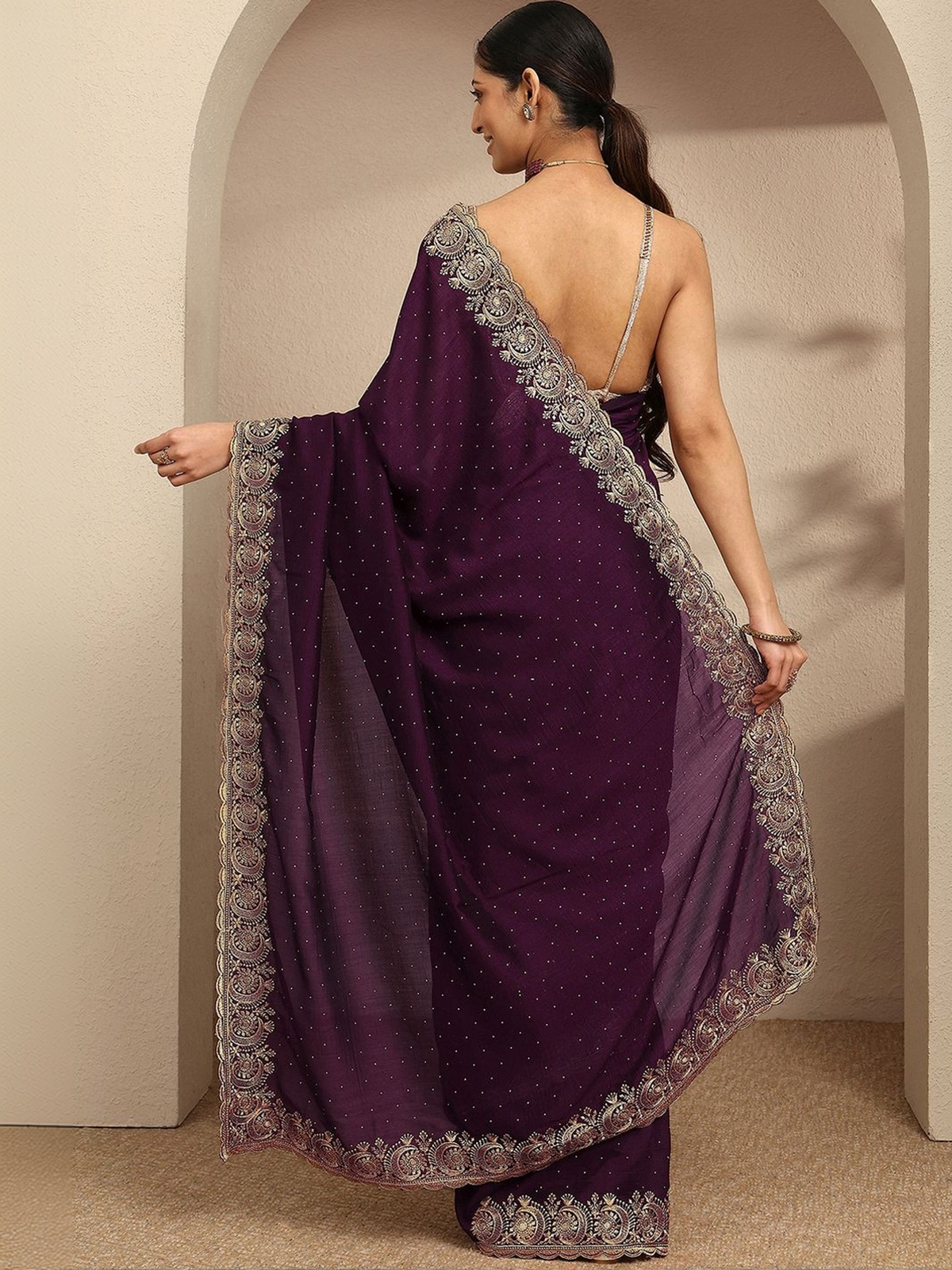 Burgundy Silk Blend Saree with Beadwork and Zari Border aromie
