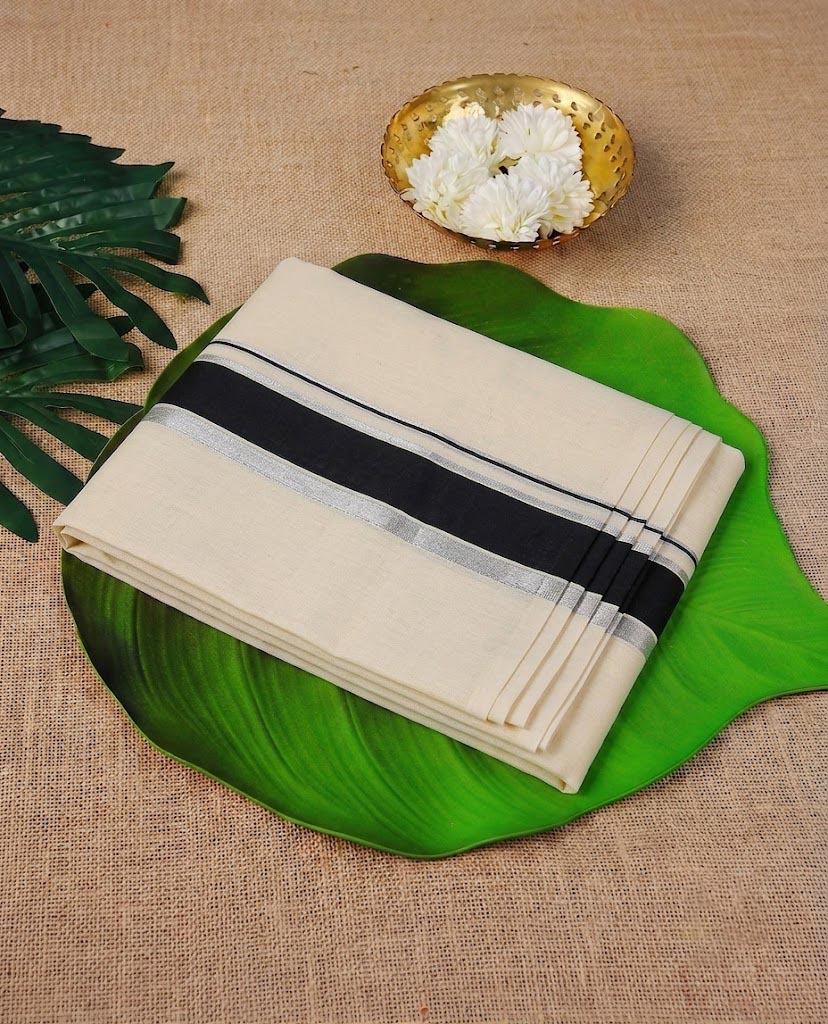 Classic Cream Kerala Mundu with Black &Silver  Border
