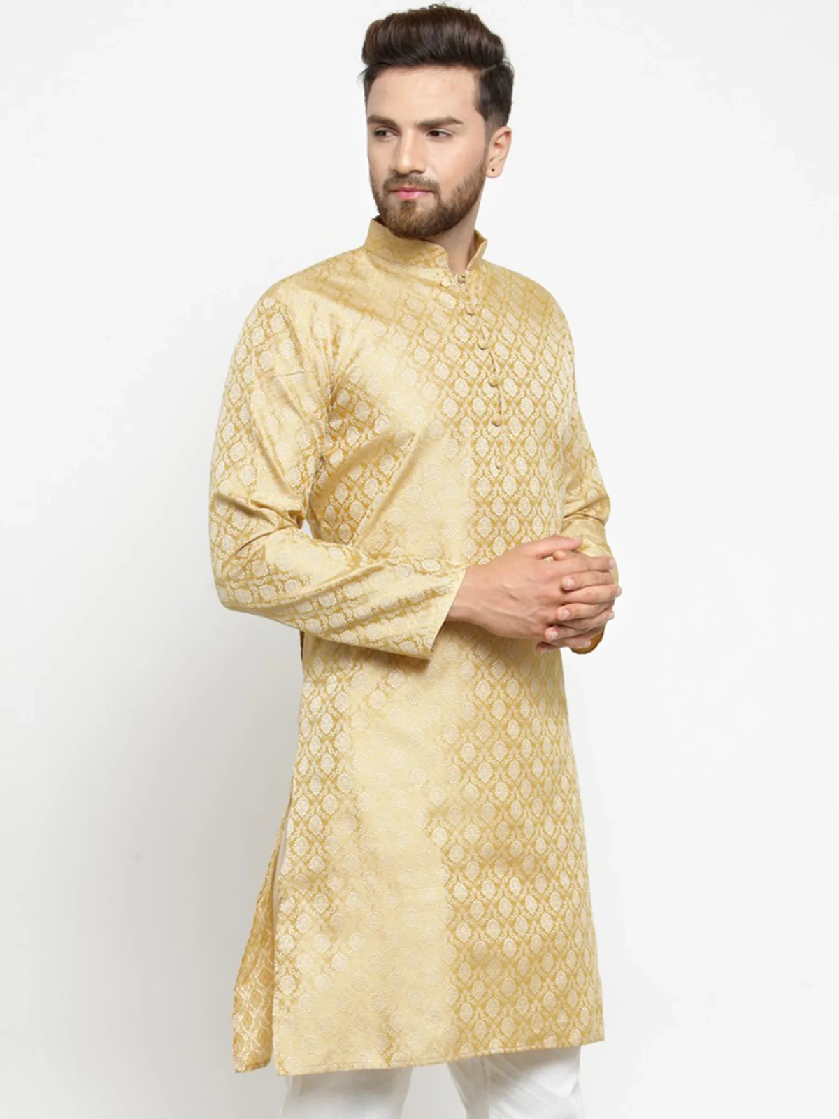 Men Golden Self Design Kurta Only