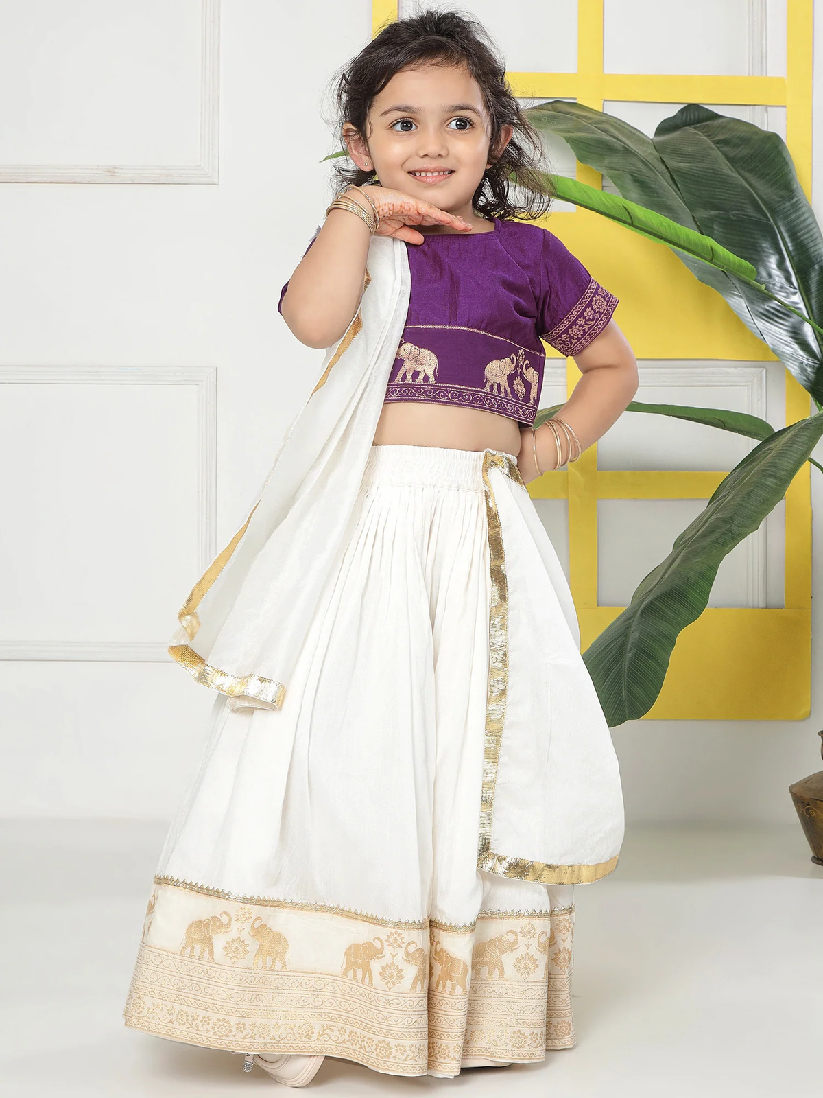 Cream Elephant Zari Embroidery Chanderi Cotton Lehenga with Stitched Purple blouse Set