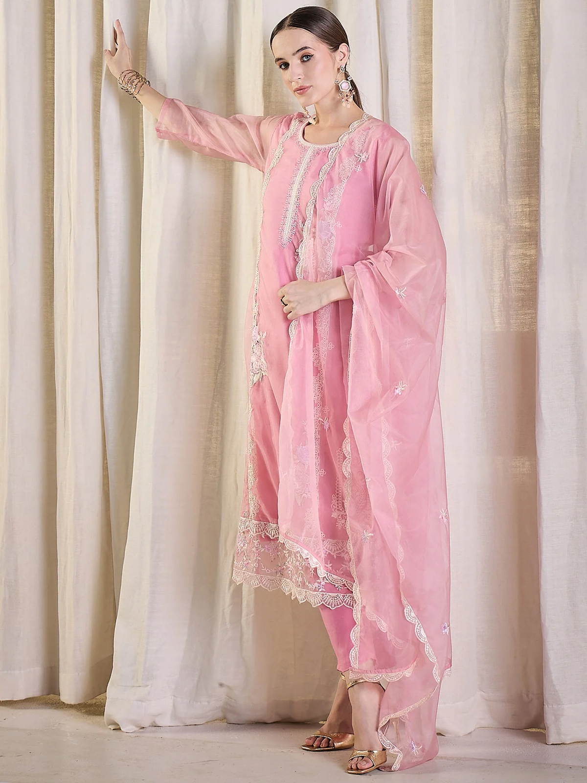 Pink Embroidered Organza Straight Suit Set with Trousers & Dupatta