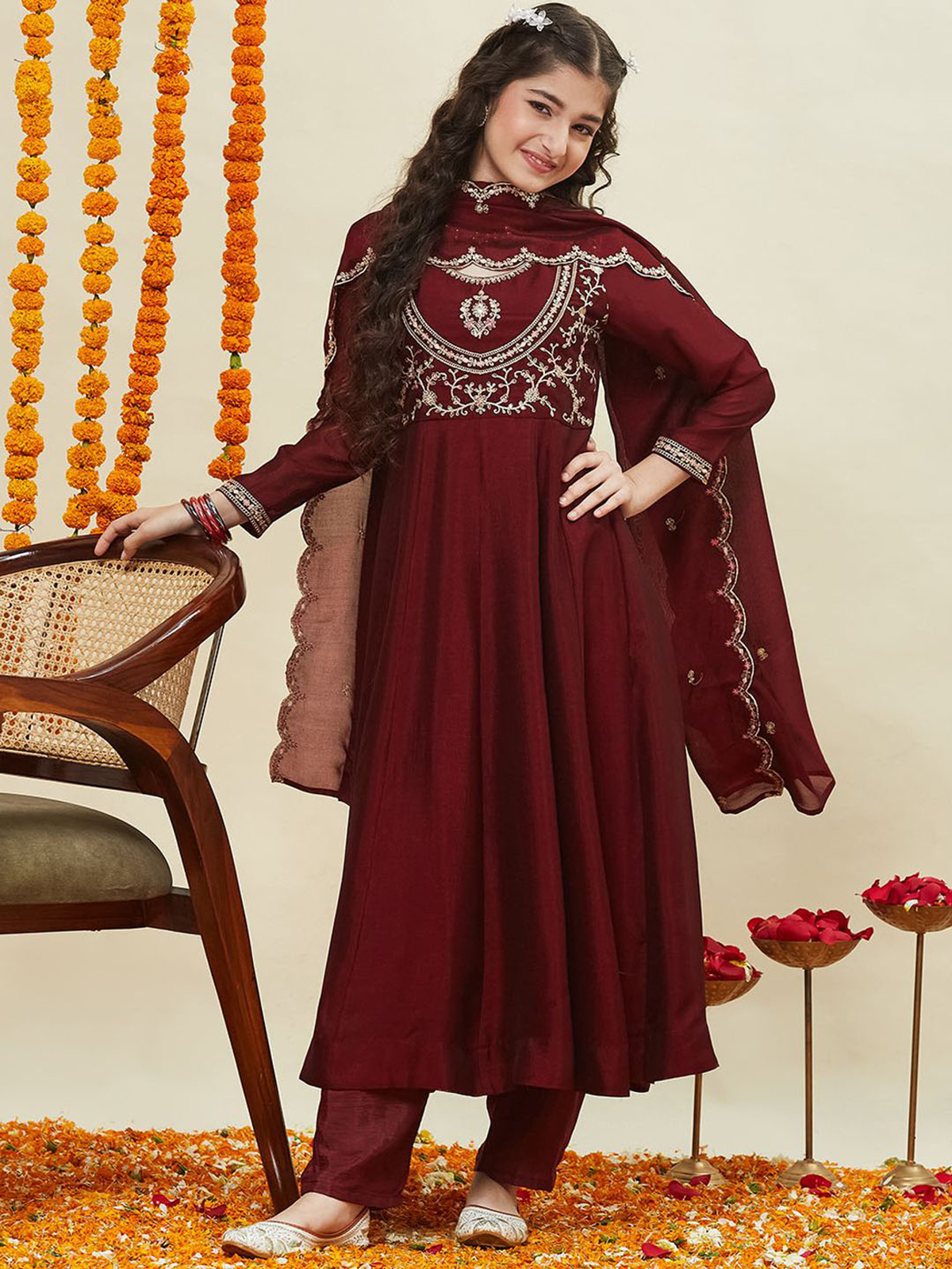Girls Silk Embroidered Anarkali Kurta and Pant Set with Dupatta