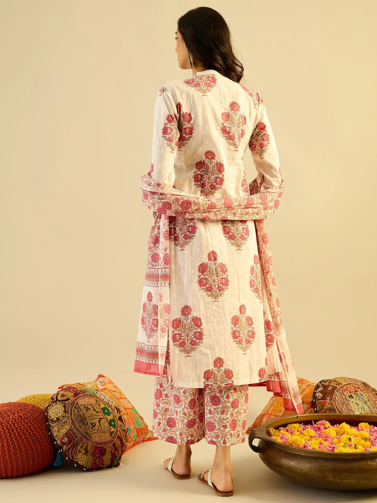 White Printed Pure Cotton Kurta Palazzo Set with Dupatta