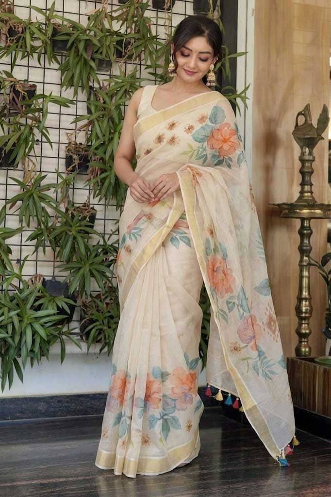 Tribal Diamond & Botanical Floral Digital Print, Gold Zari Border