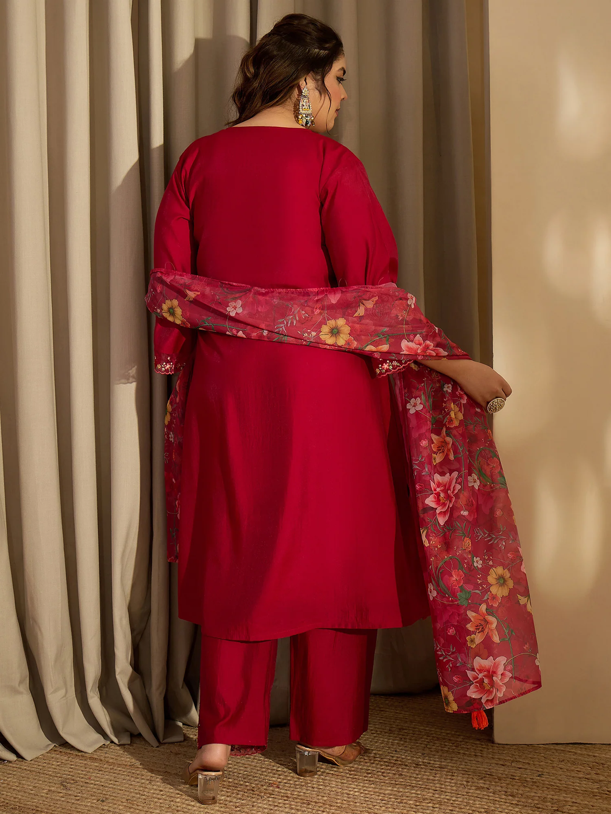 Aromie Plus Size Red Embroidered A-Line Kurta Set with Trousers & Organza Dupatta