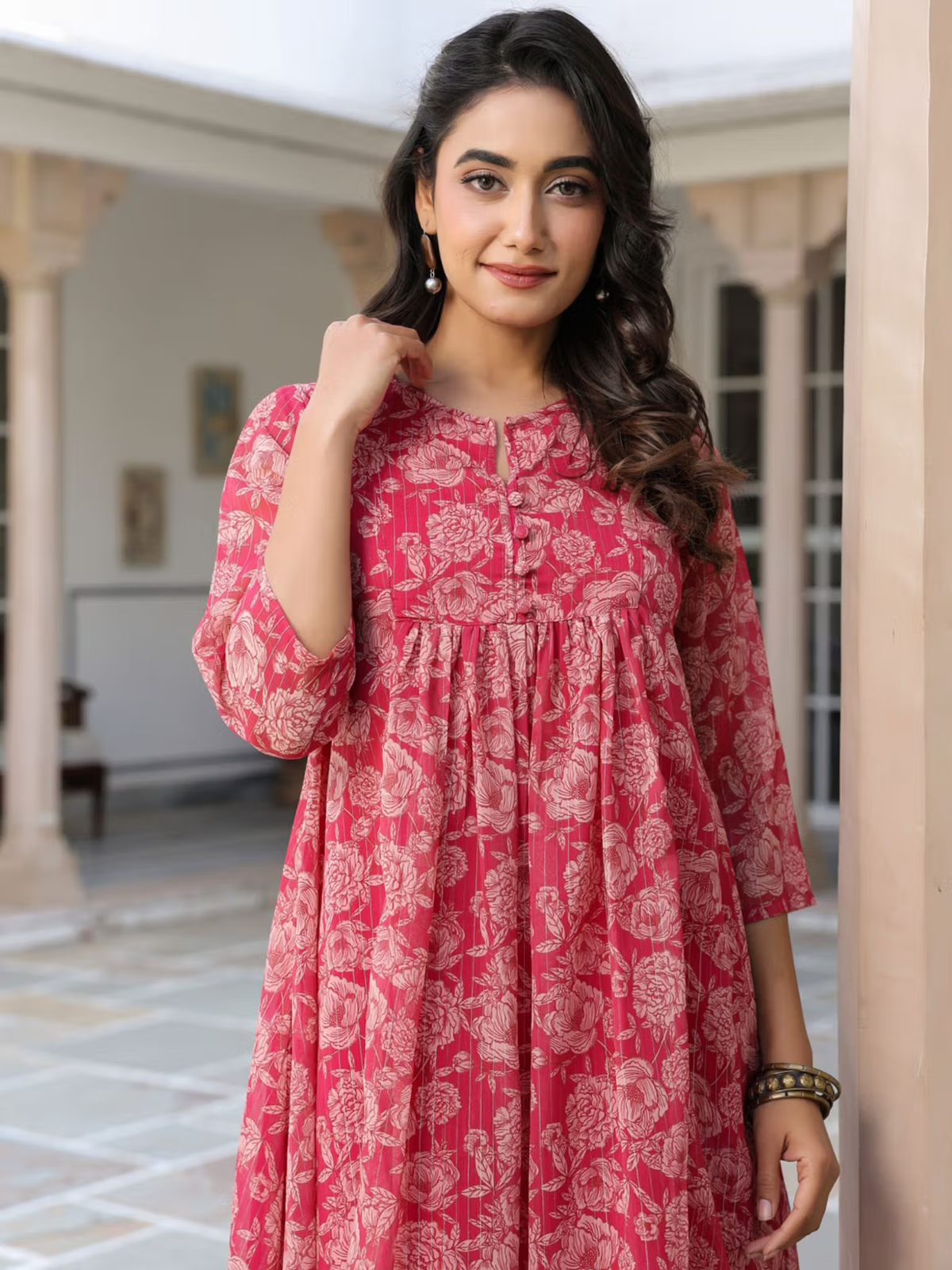 Womens Dark Pink Chiffon Lurex Floral Printed Flared Kurta
