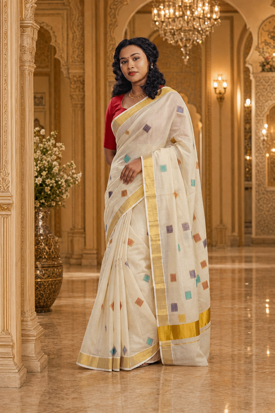 Indian saree with colourful motifs and gold border available in Canada