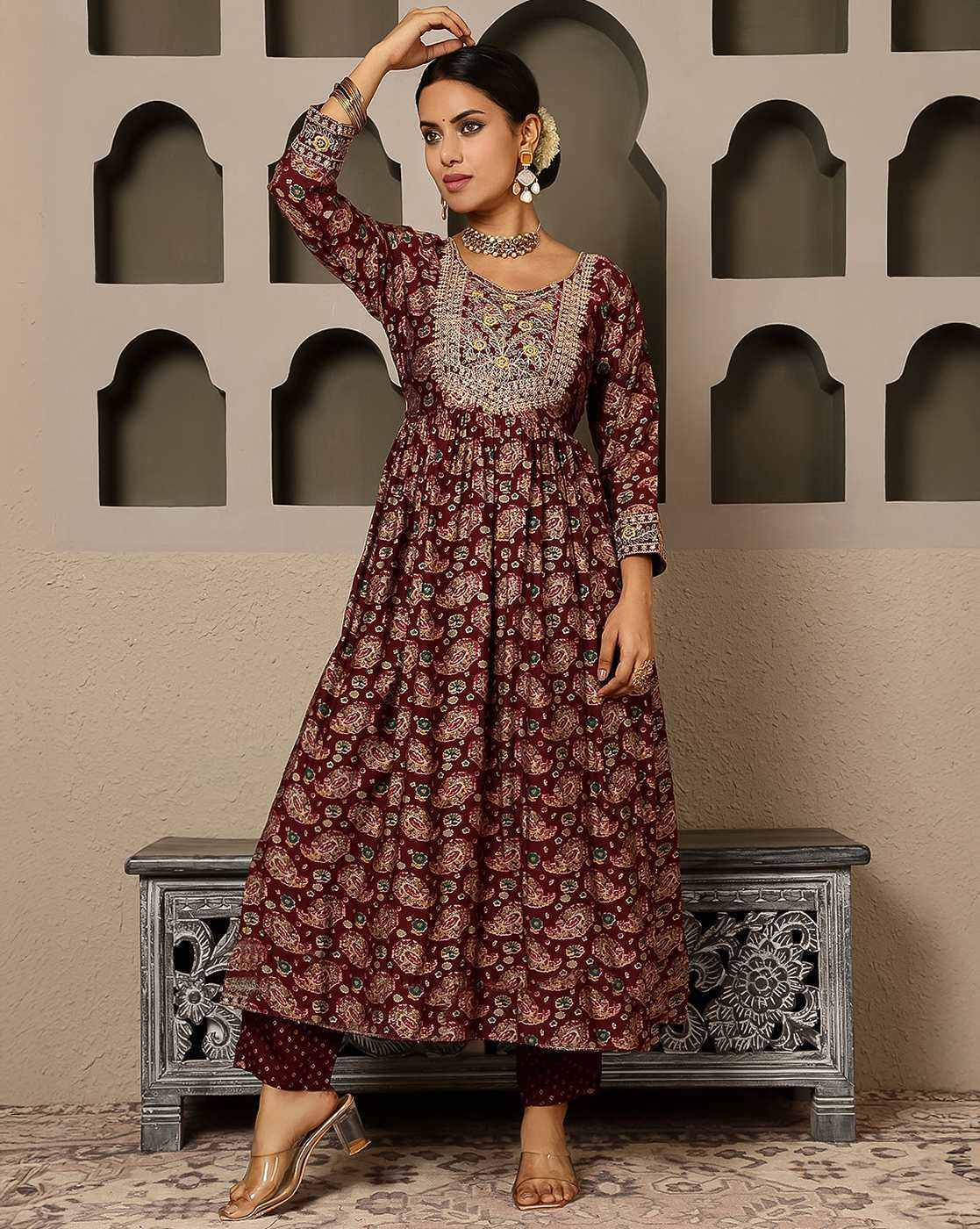 Aromie three piece cotton embroidered kurta set Canada with maroon floral print and detailed embroidery