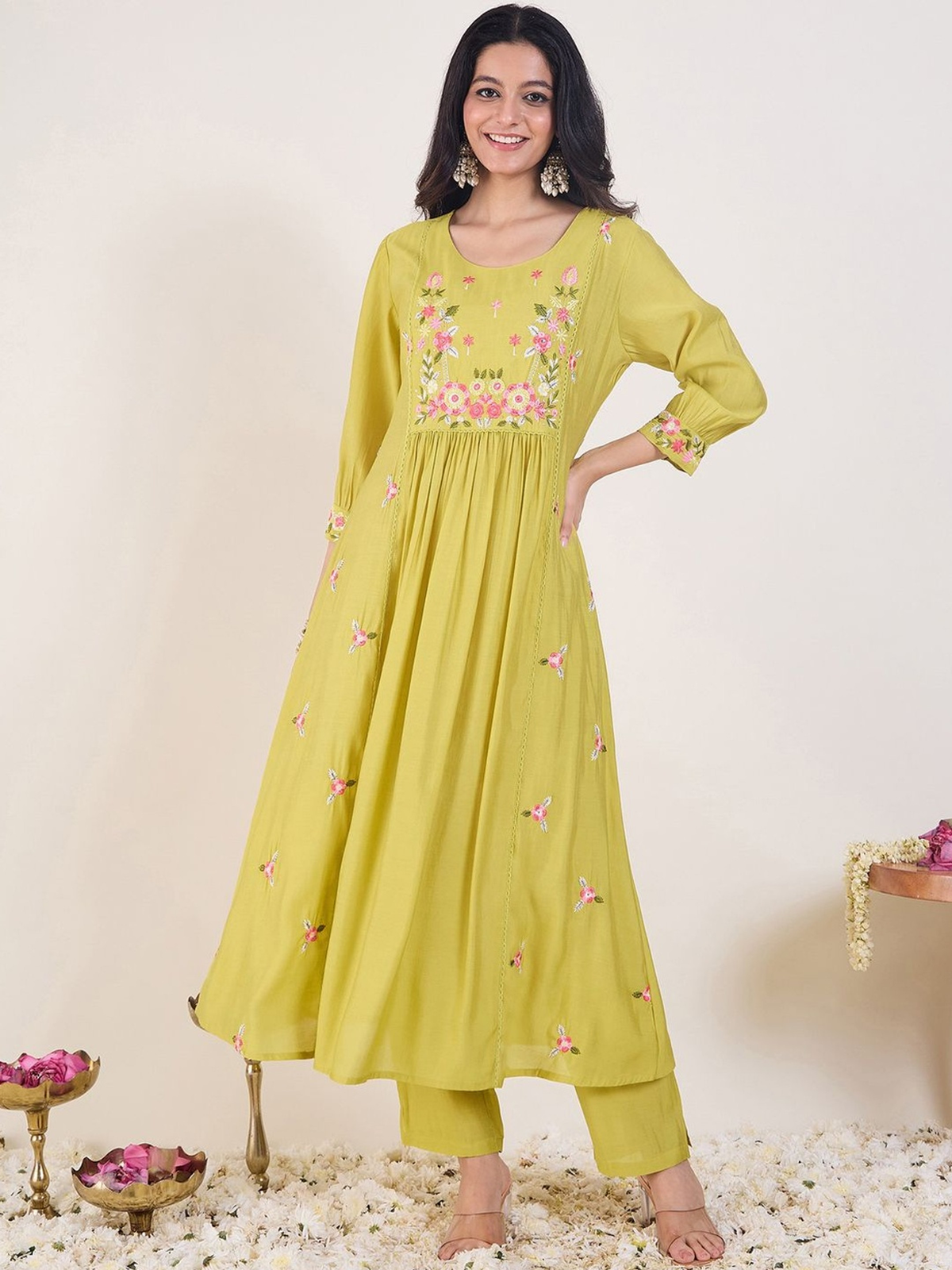 Green Embroidered A-Line Kurta Set with Trousers & Dupatta