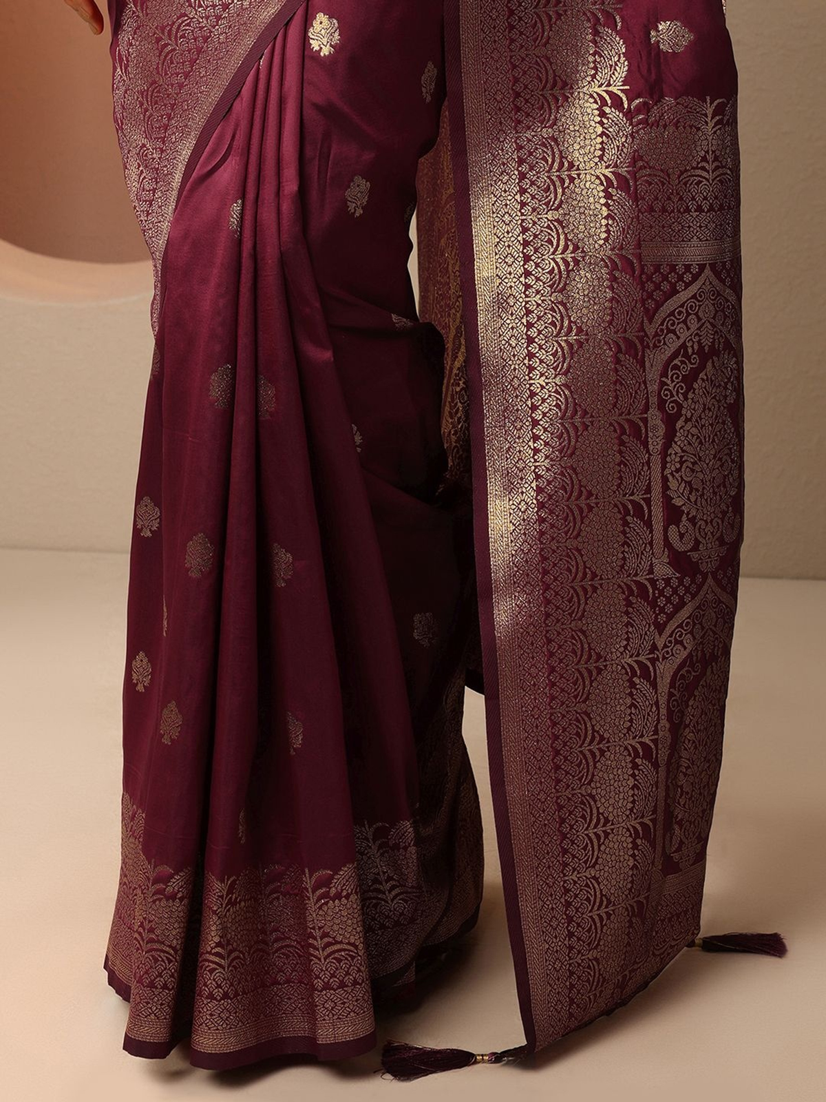 Maroon Banarasi Silk Blend Saree with Woven Ethnic Motifs aromie