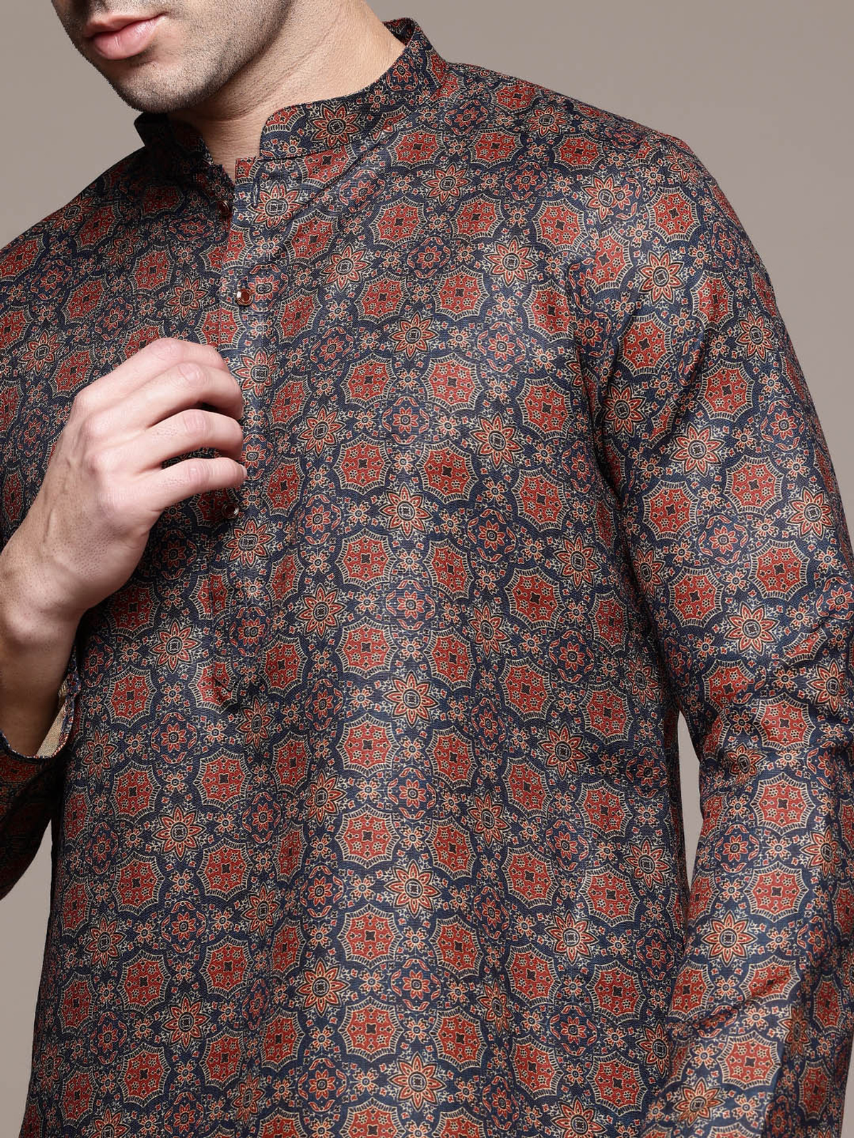 Men’s Navy Blue & Rust Printed Cotton Blend Kurta AROMIE | Affordable Indian Clothes & Dresses in Canada