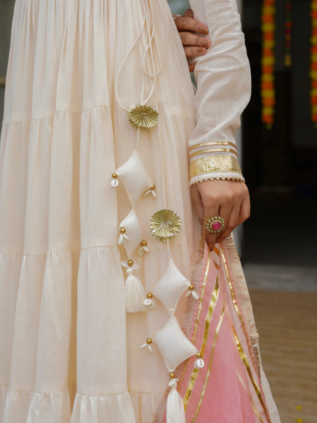Cream Mulmul Cotton Festive Suit Set with Palazzo & Dupatta