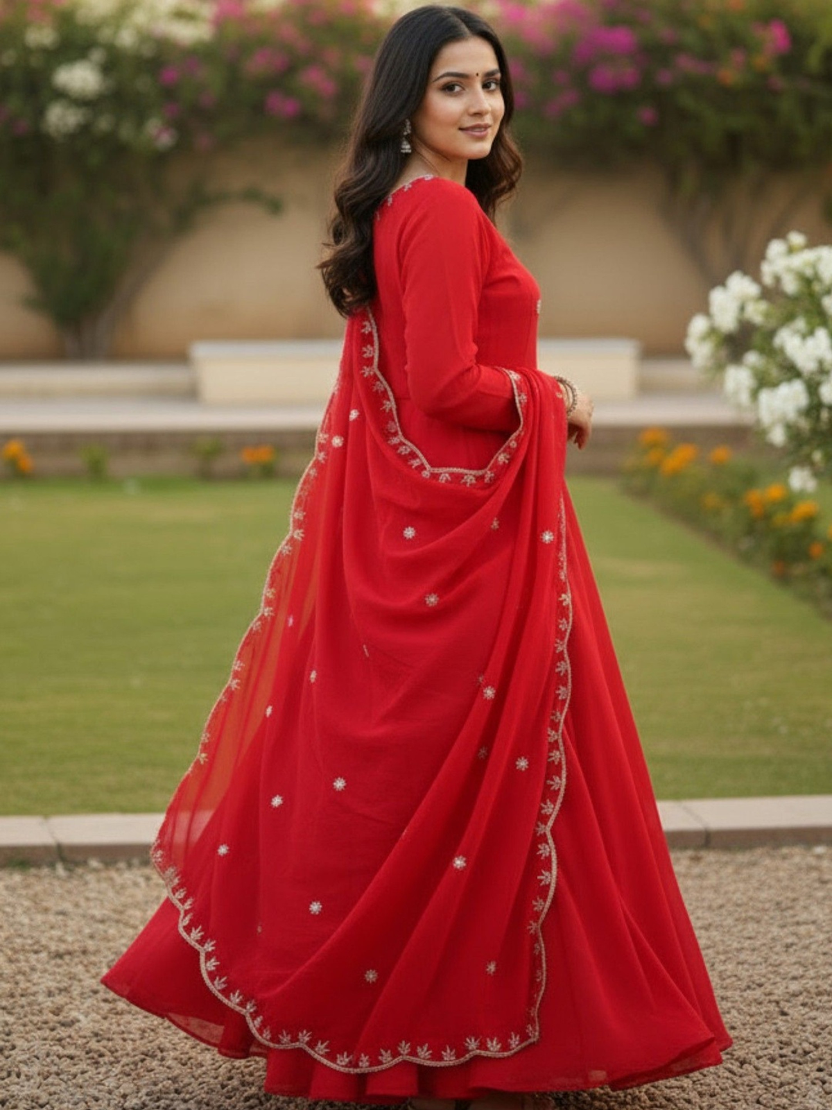 Embroidered Anarkali Kurta & Trousers With Dupatta