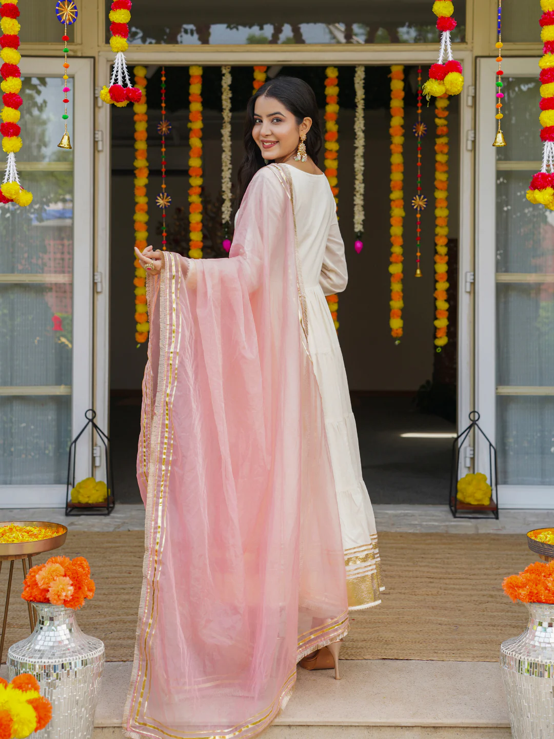 Cream Mulmul Cotton Festive Suit Set with Palazzo & Dupatta