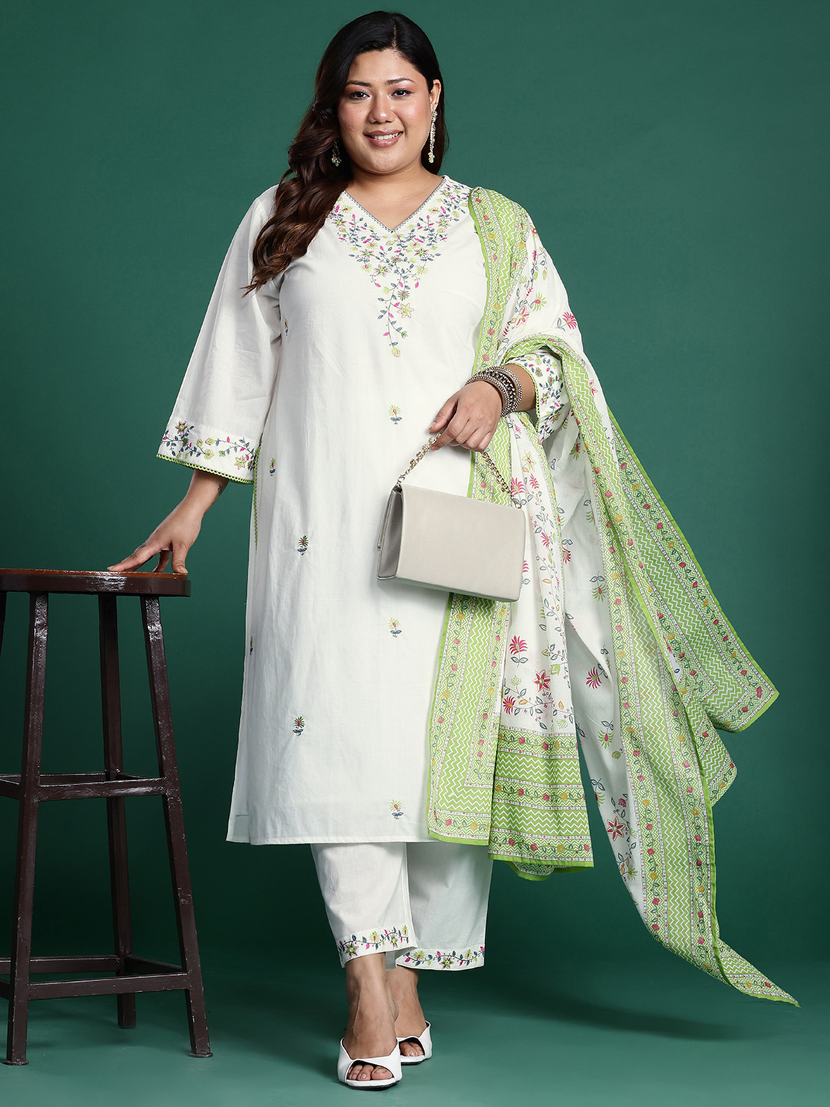 White Floral Embroidered Cotton Kurta Set with Trousers & Dupatta