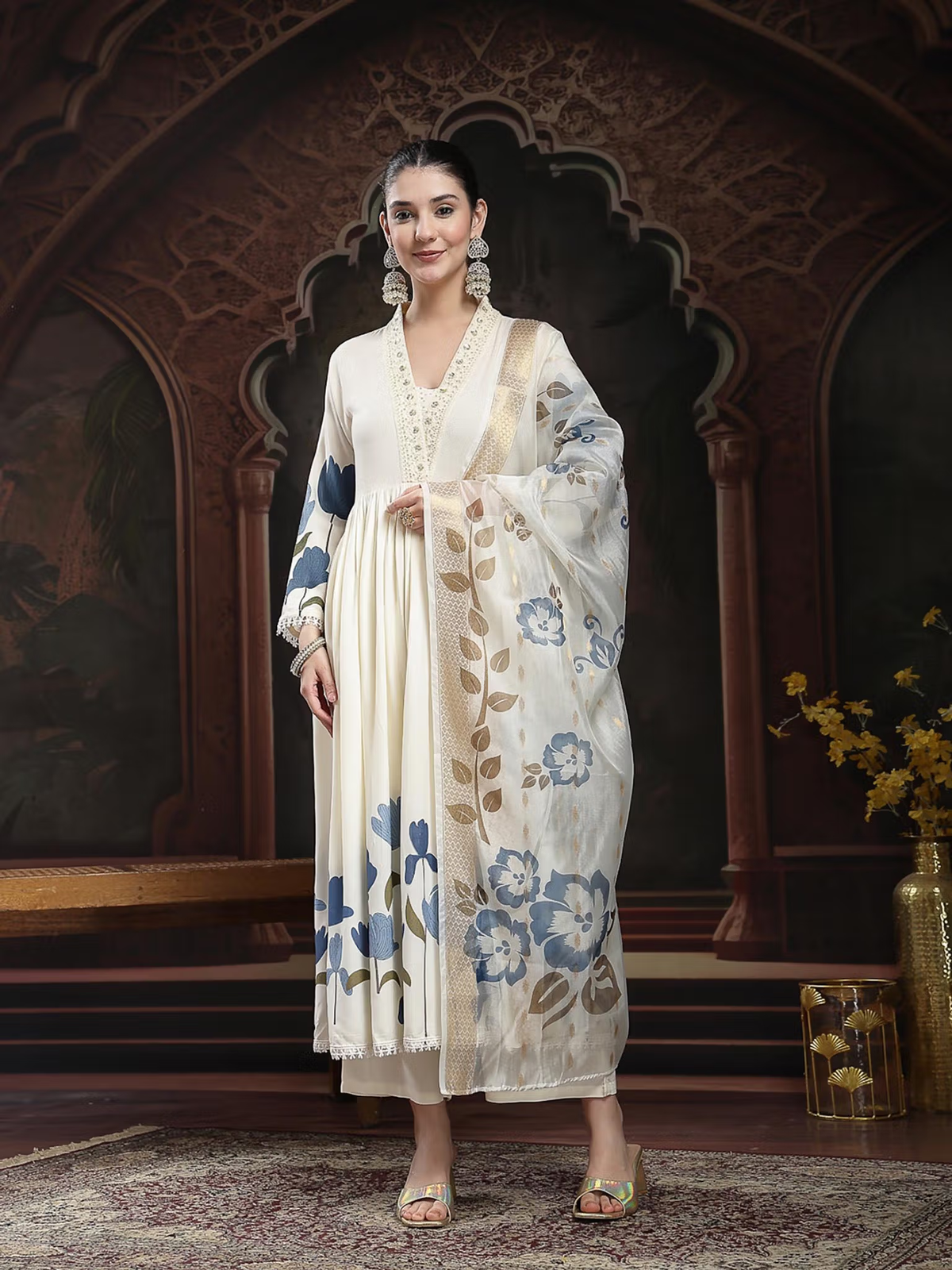 Off-White Printed A-Line Kurta Trouser Set with Dupatta