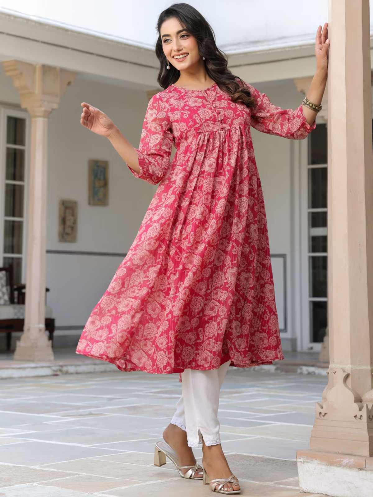 Womens Dark Pink Chiffon Lurex Floral Printed Flared Kurta