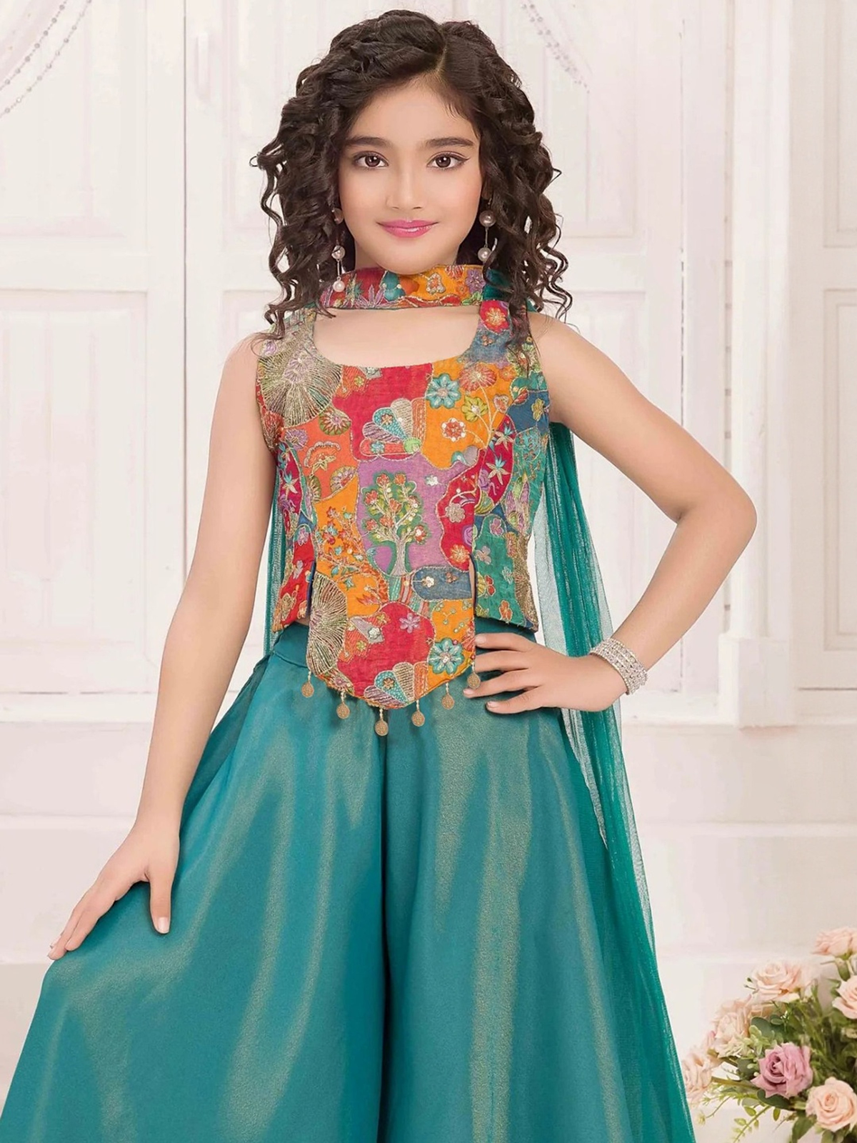 Girls Ethnic Motifs Embroidered A-Line Kurta with Palazzos & Dupatta