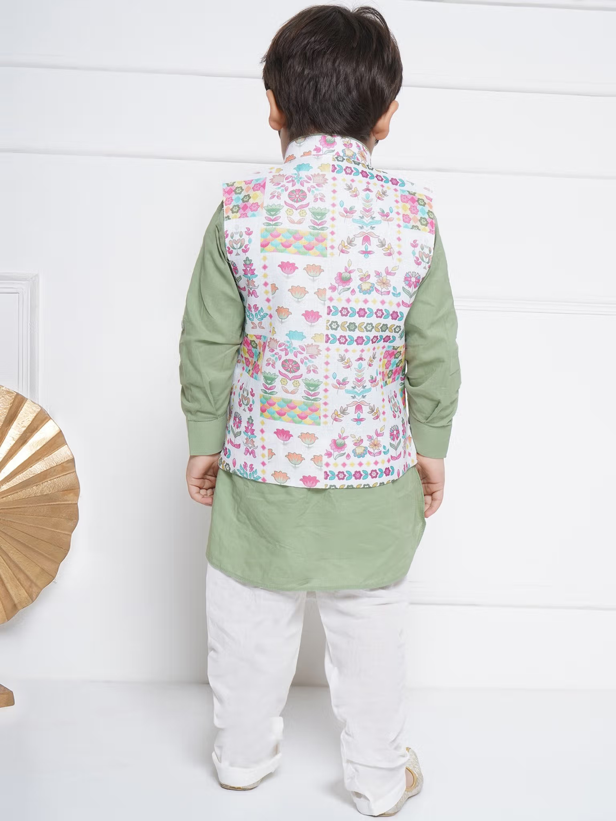 Boys Peach Printed Kurta with Dhoti and Jacket (Set of 3) (Copy)