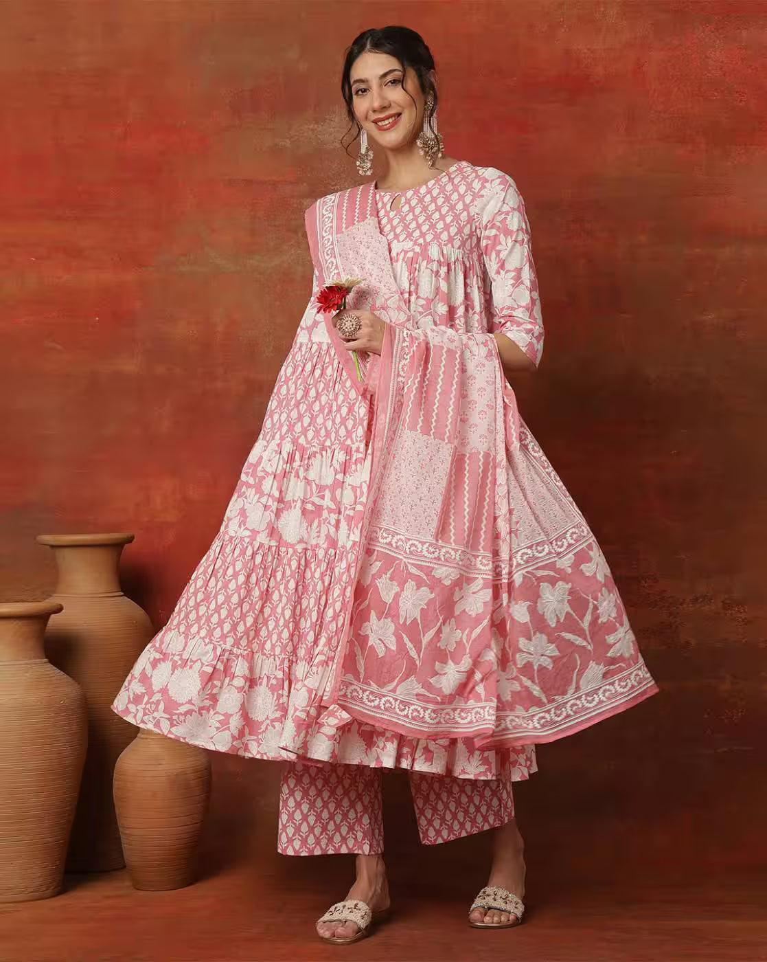 Designer Anarkali Kurta Set in pink cotton with floral print, featuring a front view, perfect for festive occasions