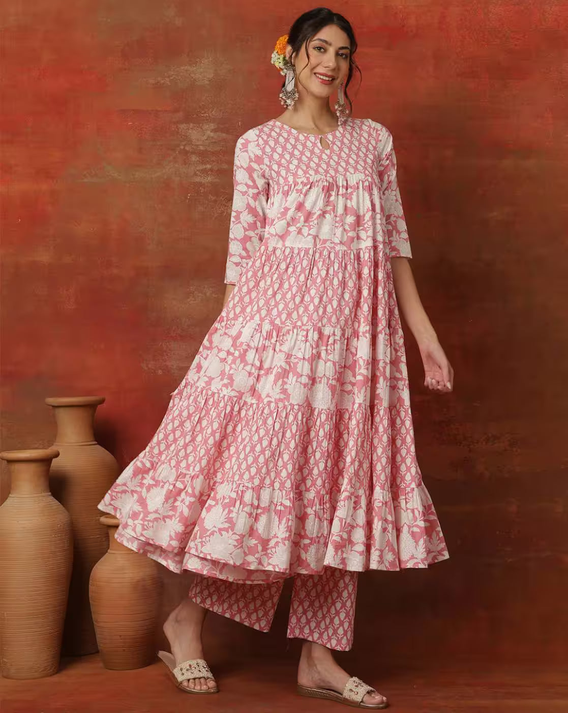 Pink three piece Designer Anarkali Kurta Set in lightweight cotton, perfect for festive occasions