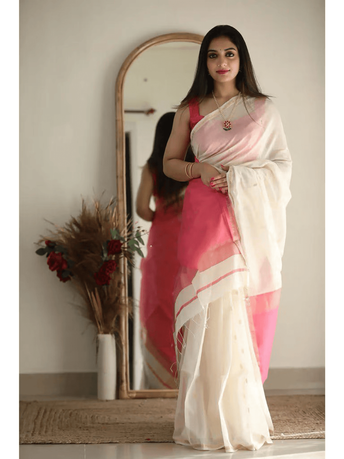 Designer Cotton Silk Kanjivaram Saree with Tassels – Includes Unstitched Blouse | Festive Wear - aromie