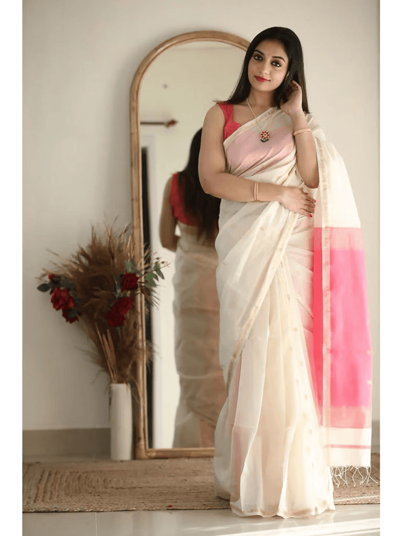 Designer Cotton Silk Kanjivaram Saree with Tassels – Includes Unstitched Blouse | Festive Wear - aromie