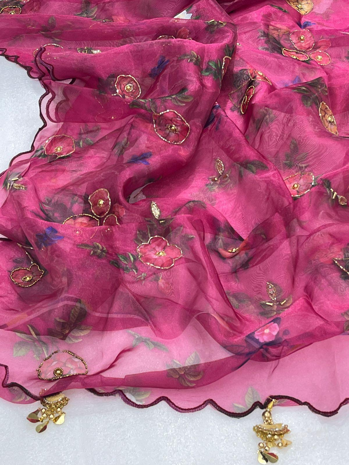 Designer saree in rich pink georgette with floral embroidery, ideal for weddings and festive occasions in Canada.