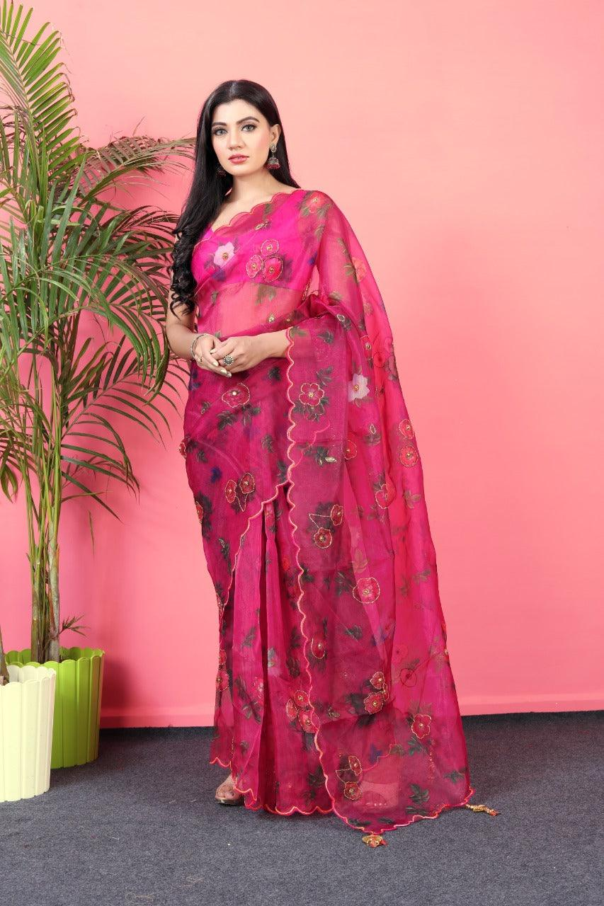 Aromie pink designer saree Canada in lightweight fabric with floral details, perfect for weddings and festive occasions.