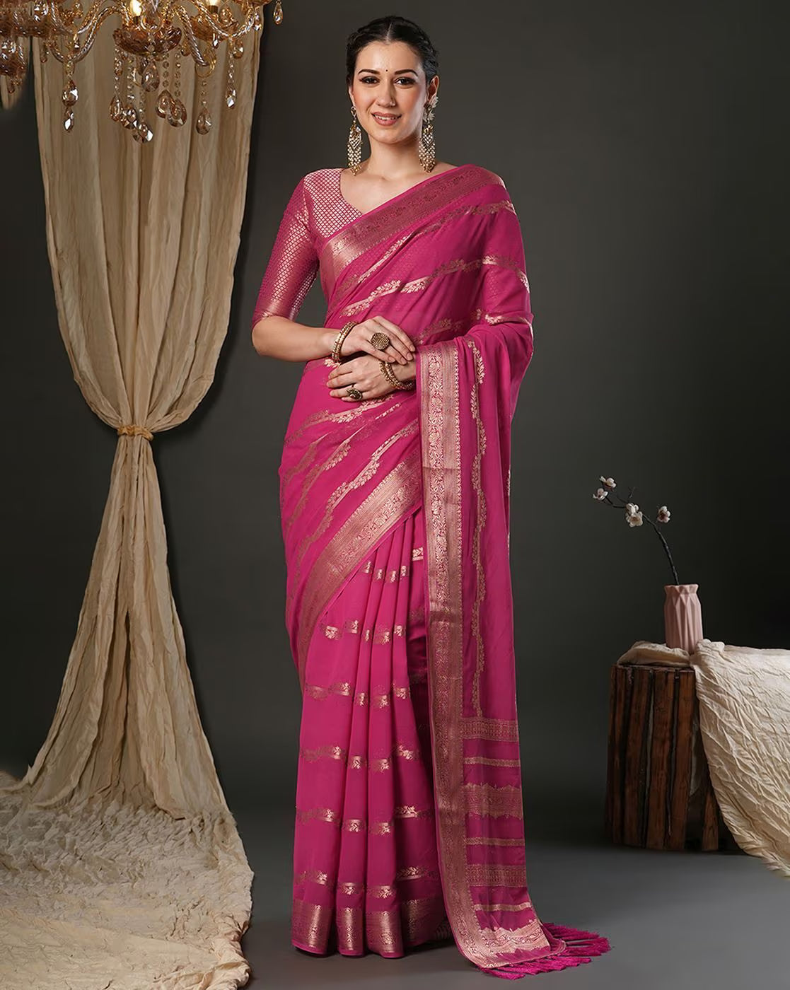 Elegant Designer Tussar Silk Saree in vibrant magenta with intricate gold detailing