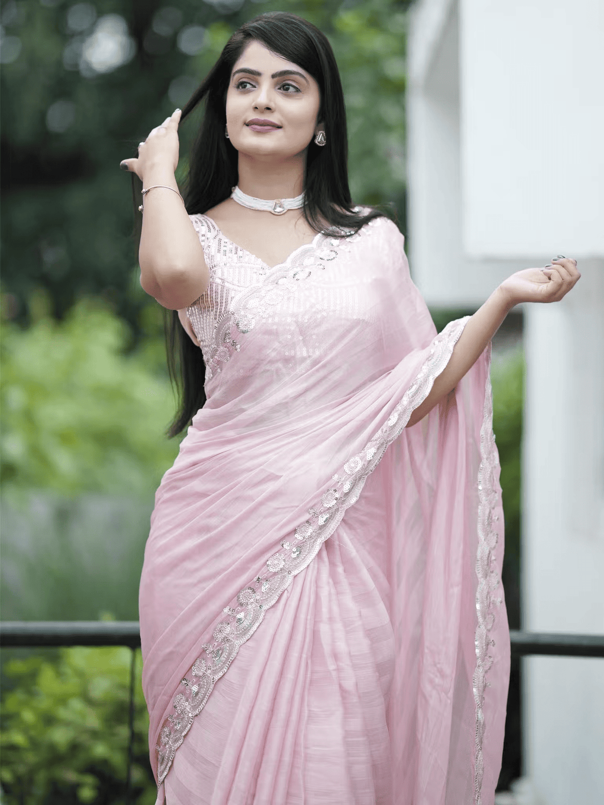 Designer Tussar Silk Saree with Striped Sequins – Includes Unstitched Blouse - aromie