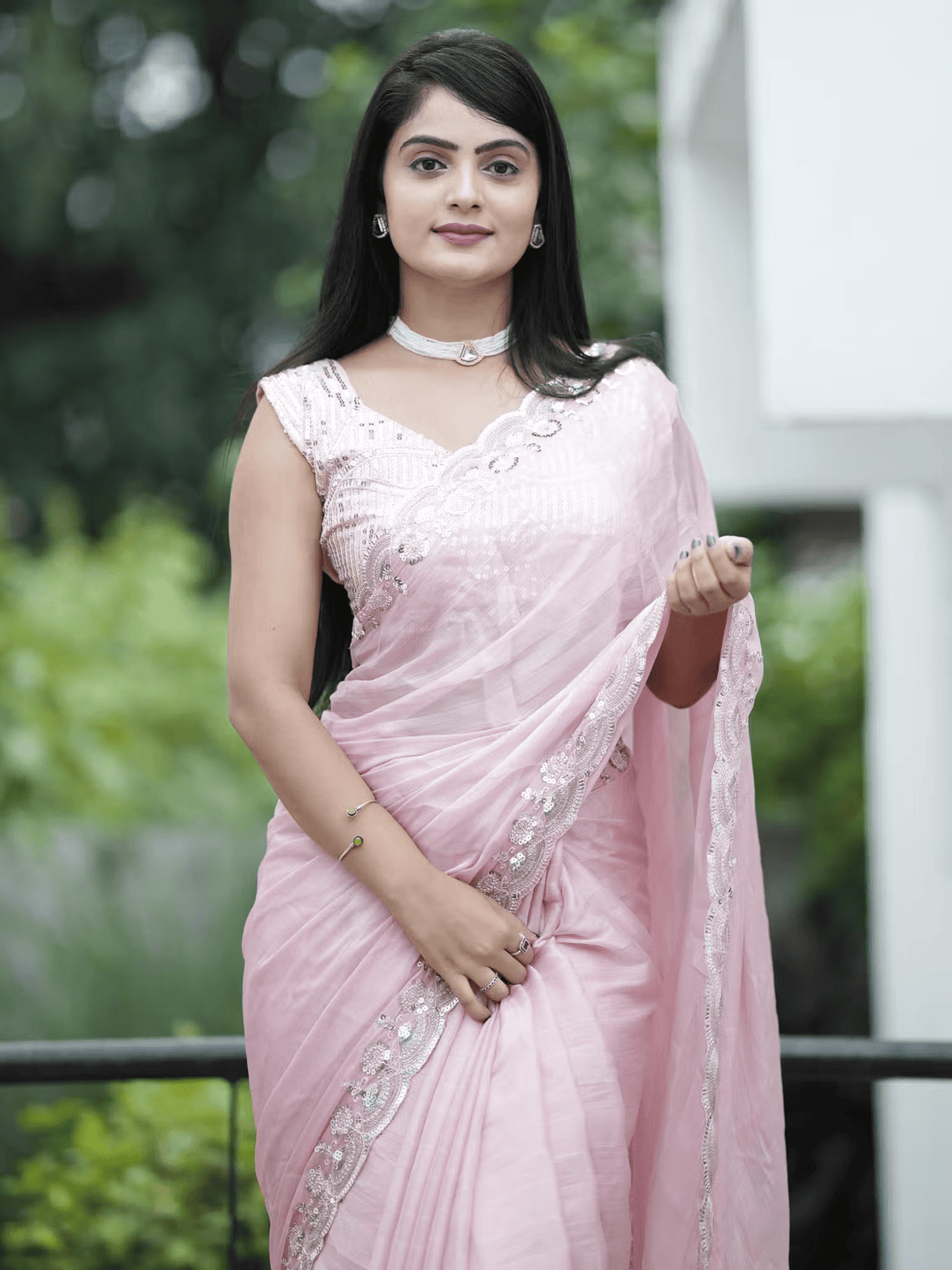 Designer Tussar Silk Saree with Striped Sequins – Includes Unstitched Blouse - aromie