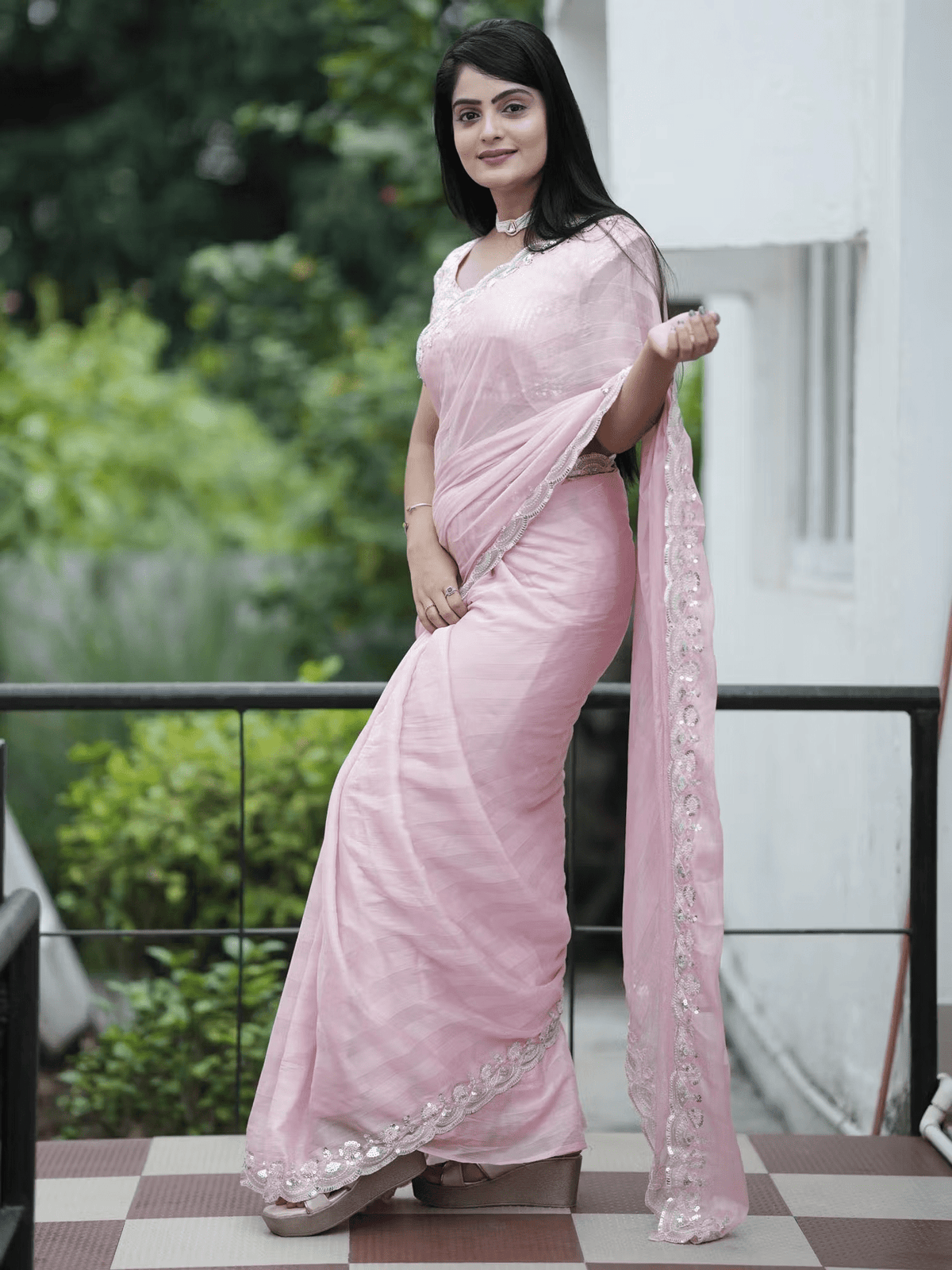 Designer Tussar Silk Saree with Striped Sequins – Includes Unstitched Blouse - aromie
