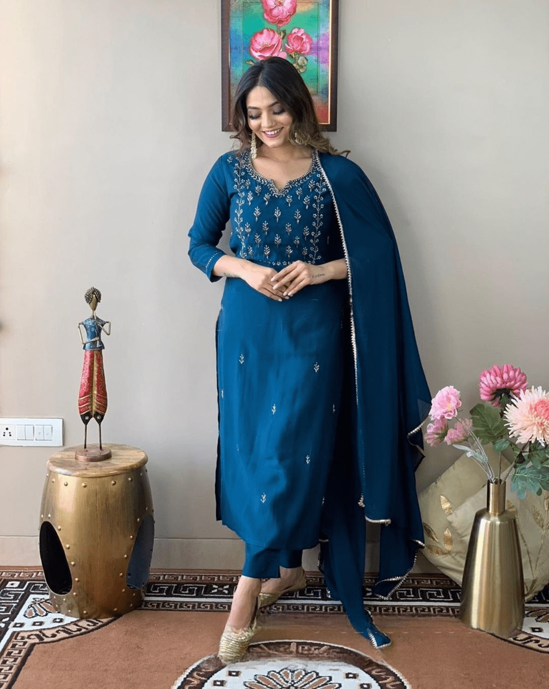 Detachable Chanderi Jacket Kurta Set with Inner, Pant & Dupatta – Embellished Ethnic Outfit for Parties - aromie