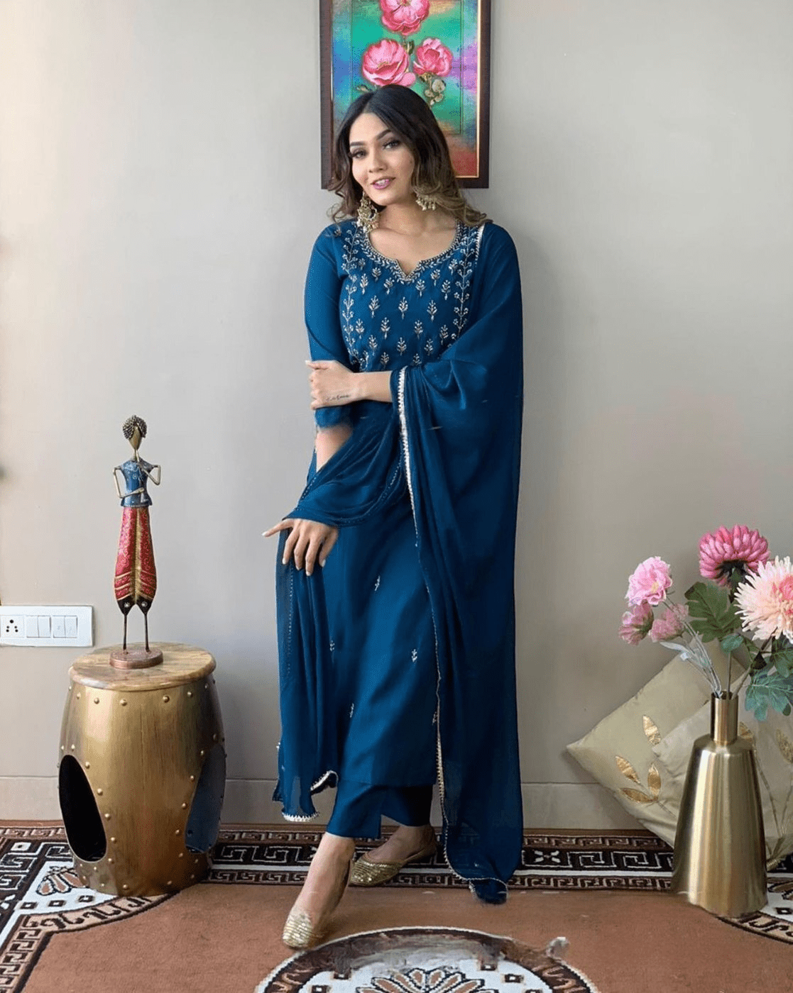 Detachable Chanderi Jacket Kurta Set with Inner, Pant & Dupatta – Embellished Ethnic Outfit for Parties - aromie