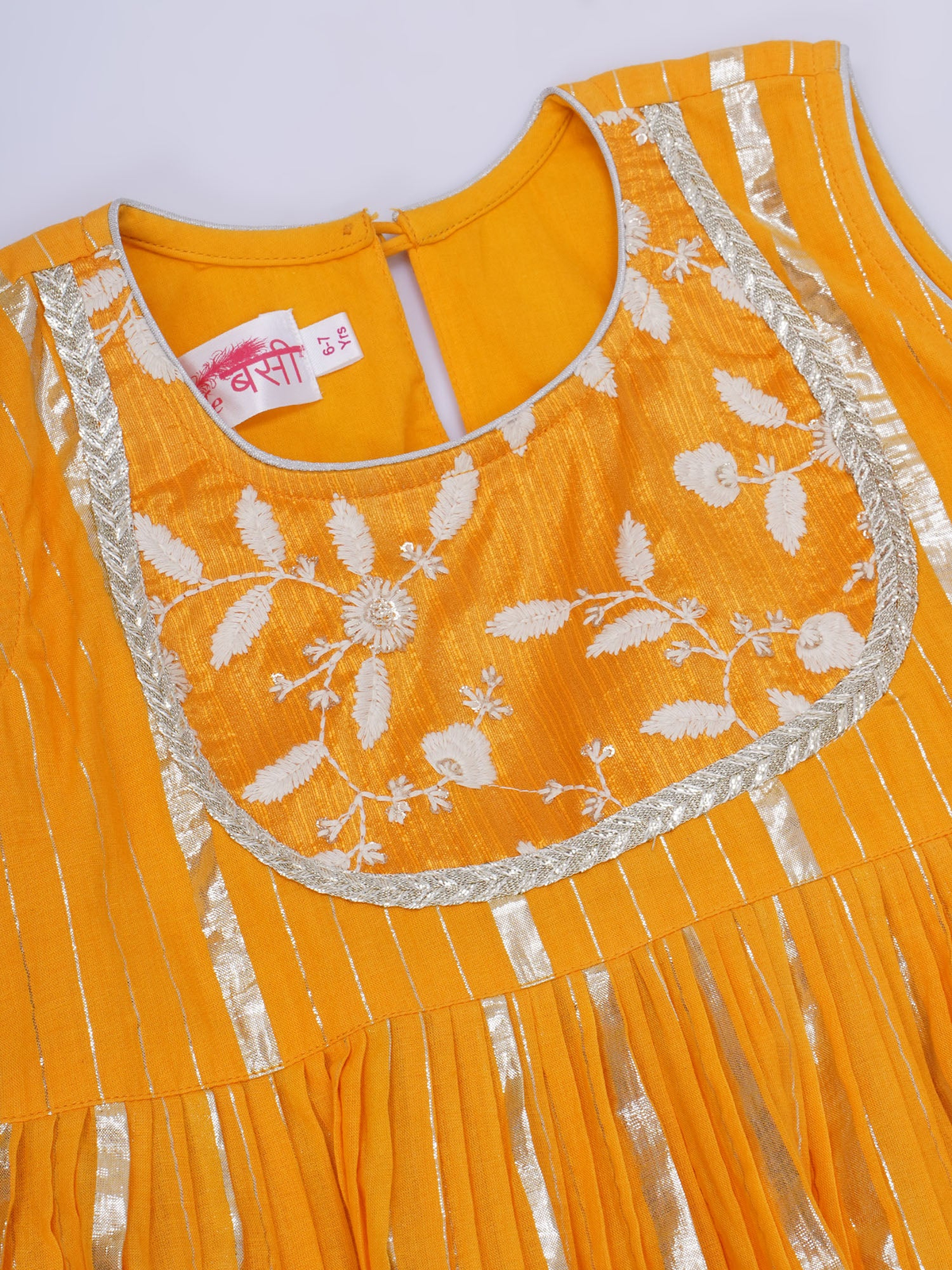 Little Bansi Girls Cotton Three Fourth Sleeves Angrakha Kurta with Sharara and Net Dupatta with Paisley Design Zari Work- Dutch Cream (Copy)