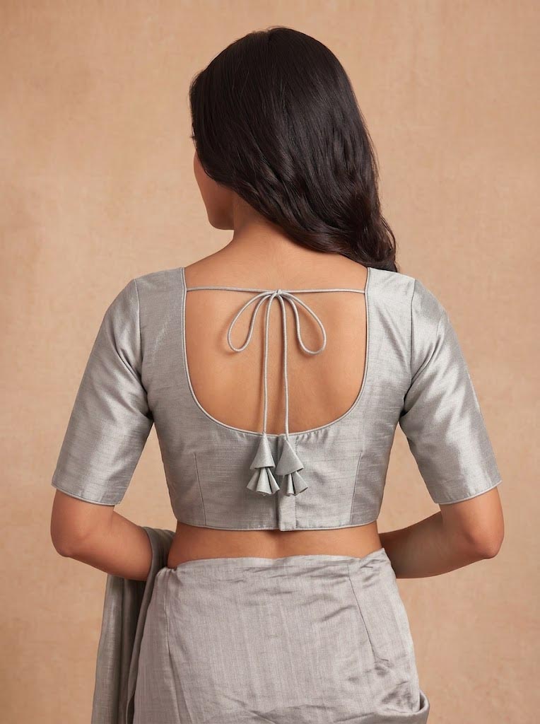 Silver Plain Saree Blouse with Elbow Sleeves