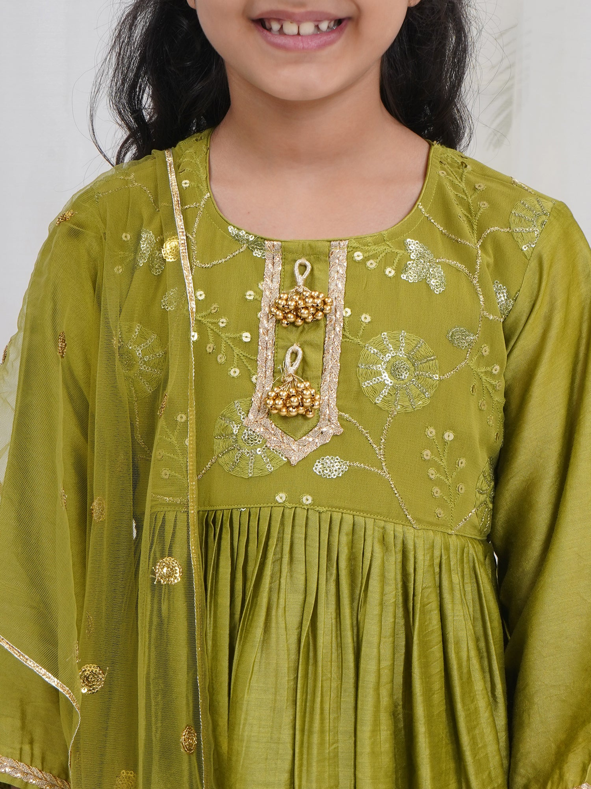 Girls Mehendi Green Chanderi Silk Floral Embroidery Kurta Sharara Set with Dupatta & Cotton Lining