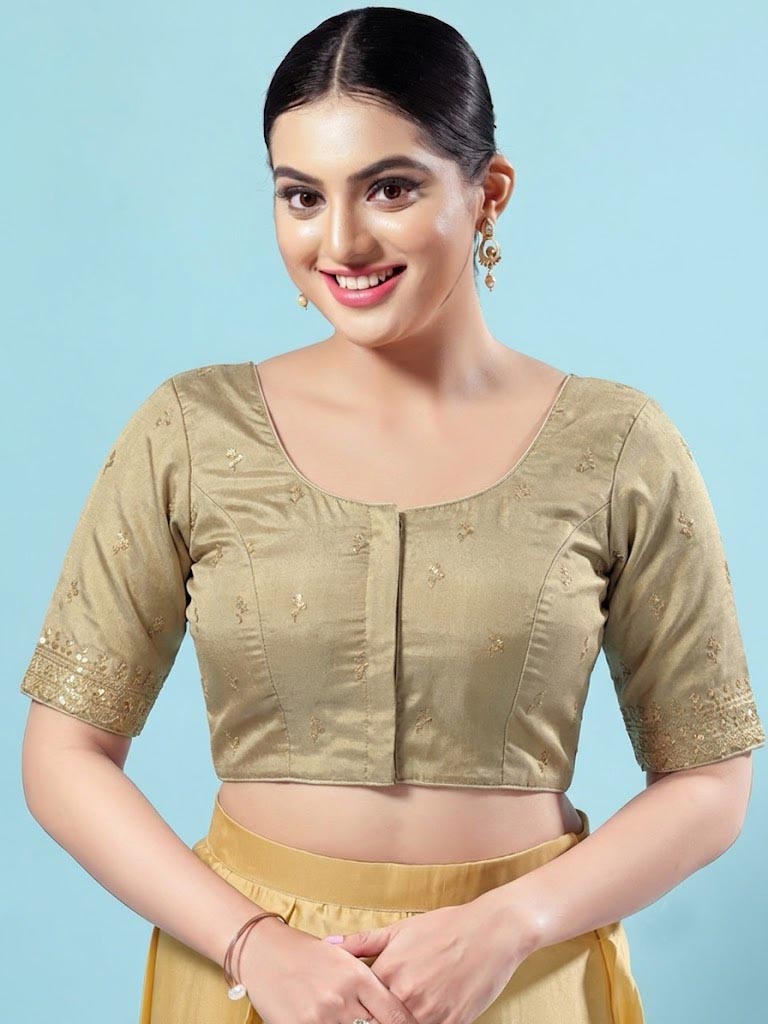 Golden Beige Embroidered Saree Blouse with Elbow Sleeves