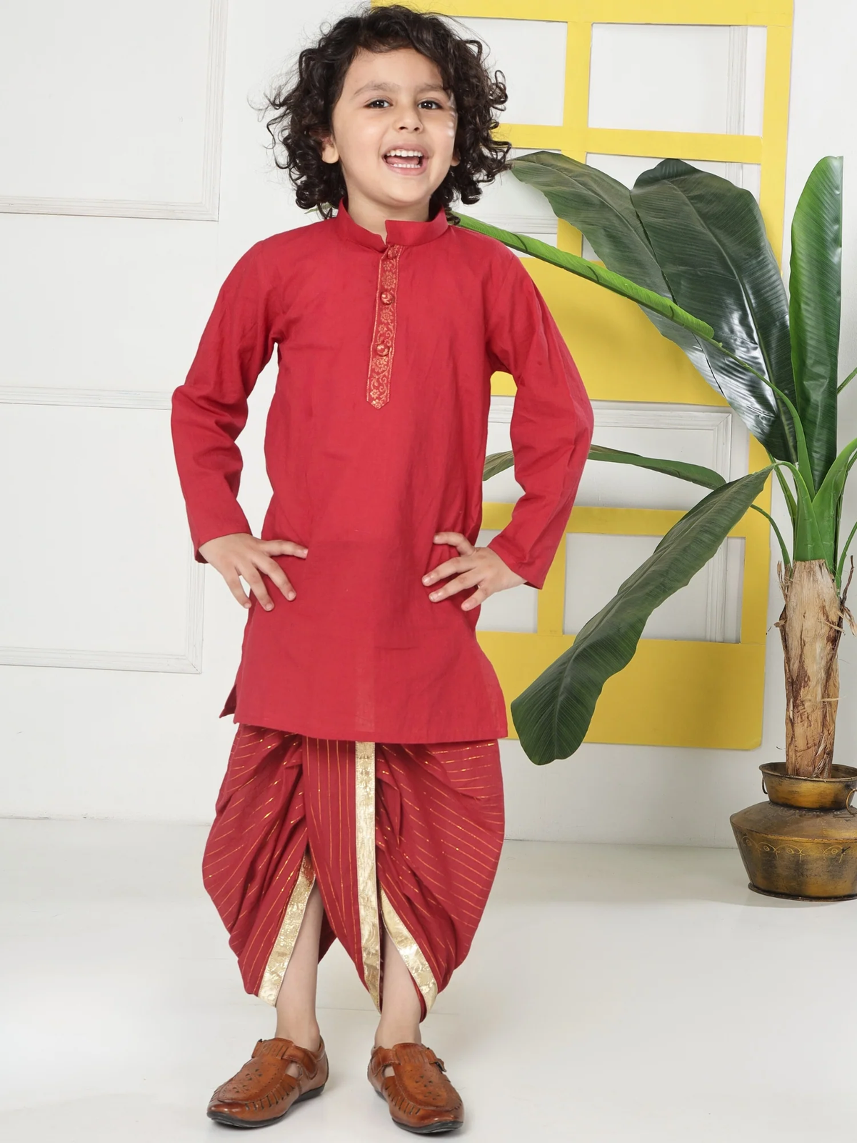 Red Minimal Zari Embroidery Cotton Kurta Dhoti set