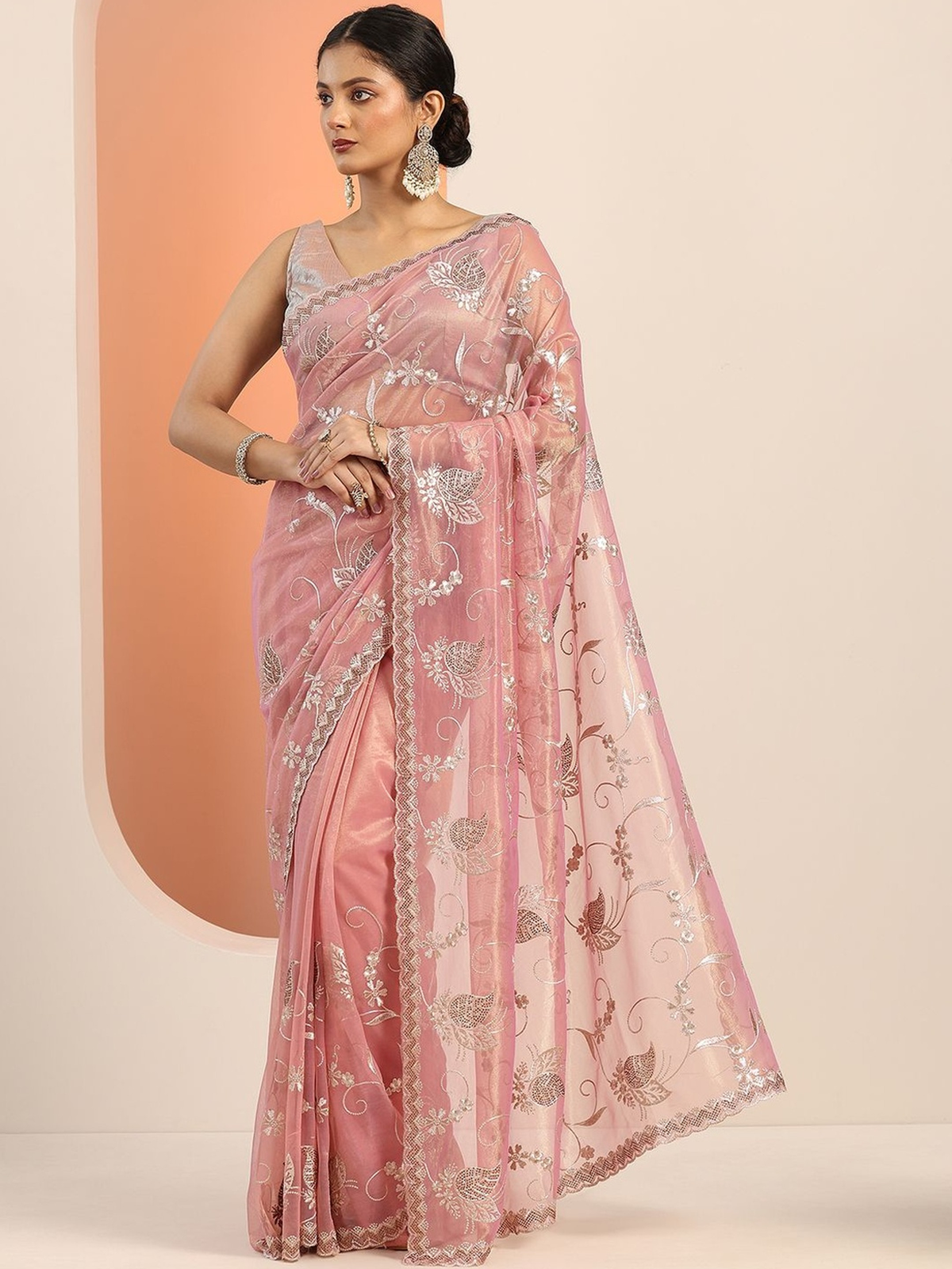 Pink Floral Embroidered Net Saree with Blouse Piece aromie