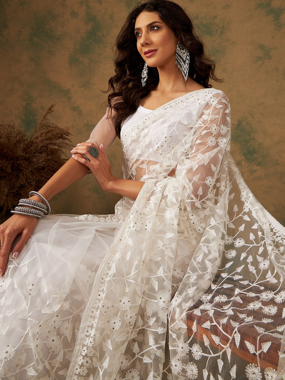 White Floral Embroidered Net Saree with Blouse Piece