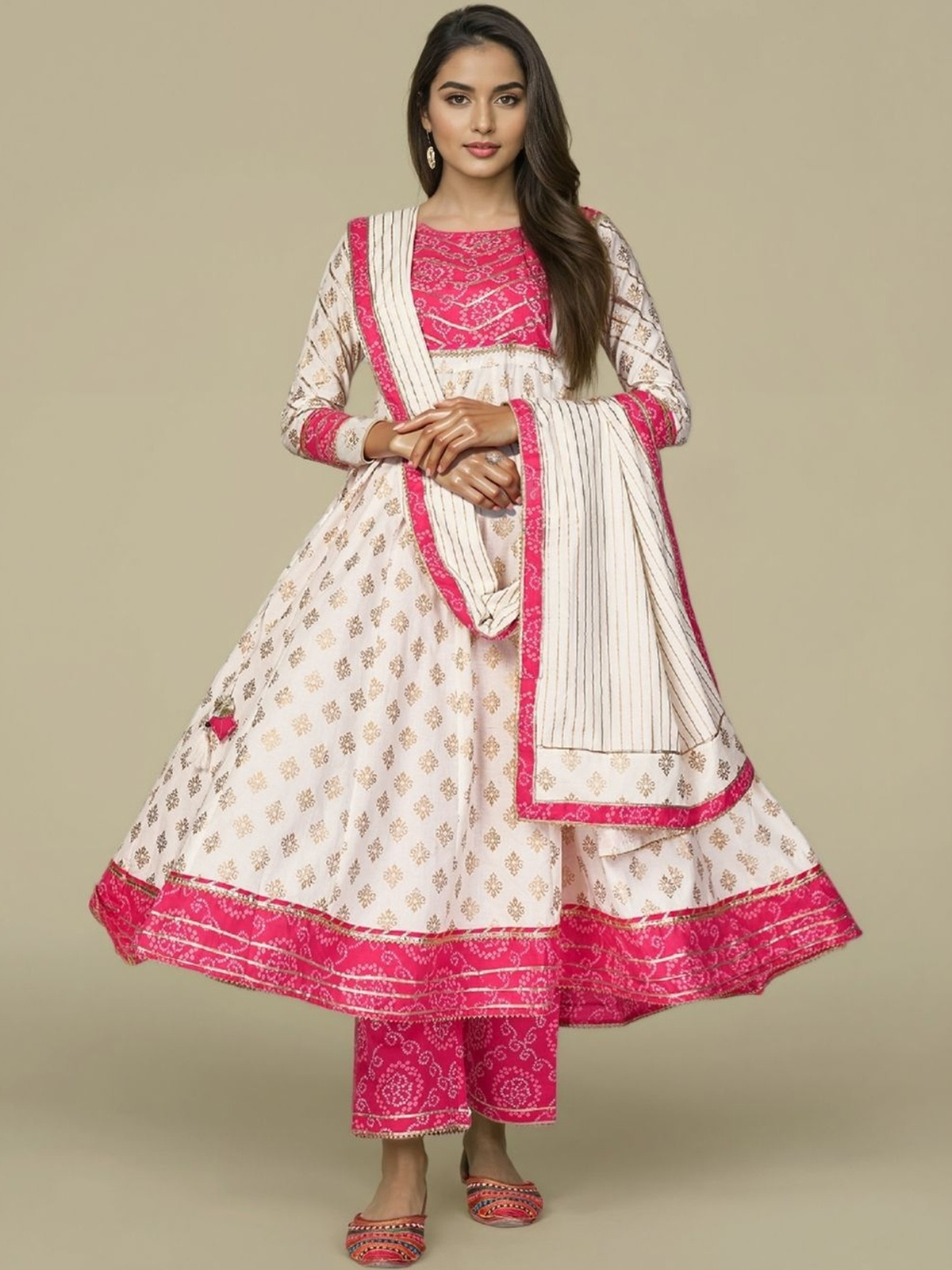 Women’s Beige Bandhani Print Anarkali Kurta Pant Set with Dupatta