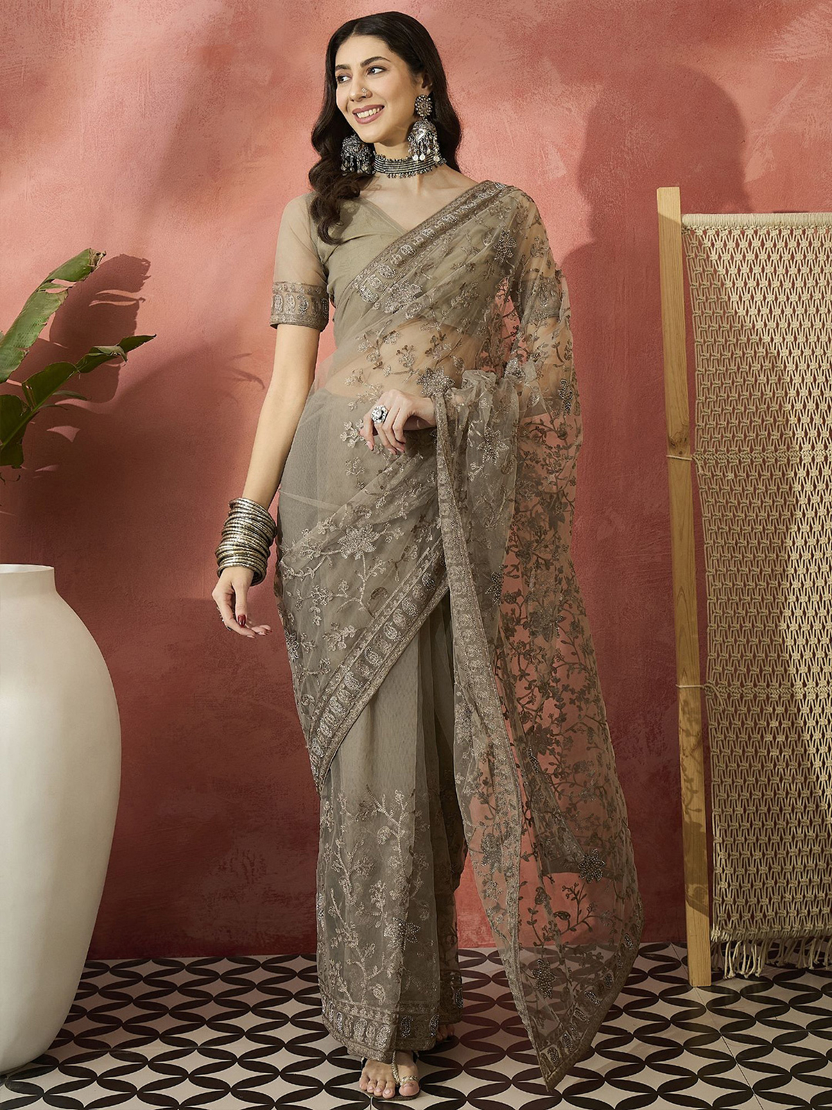 Beige Embroidered Net Saree with Embroidered Border & Blouse Piece