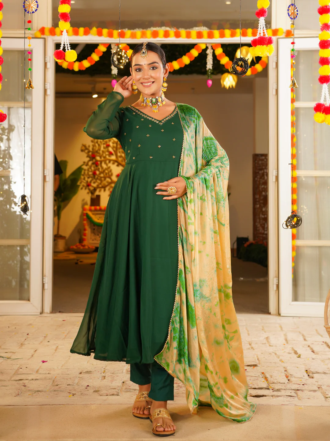 Zarreen Handwork Anarkali Set – Olive Green