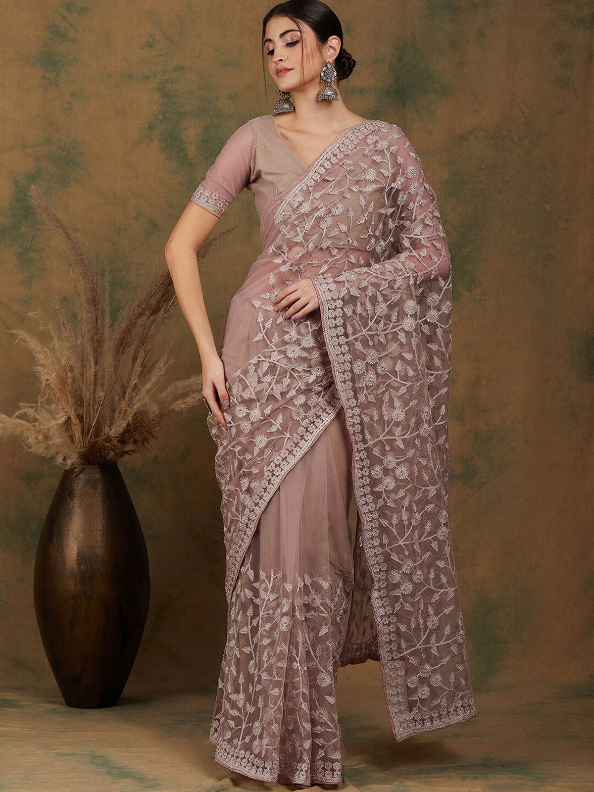 Beige Floral Embroidered Net Saree with Lace Border & Blouse Piece