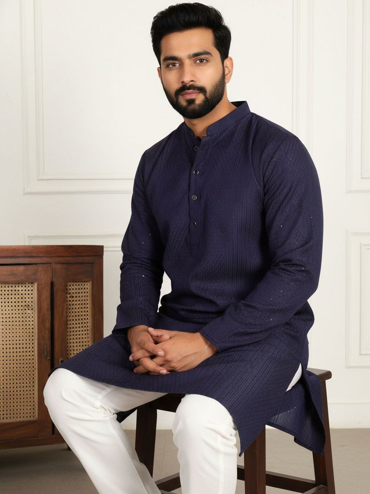 Men’s Navy Blue Textured Pure Cotton Kurta AROMIE | Affordable Indian Clothes & Dresses in Canada